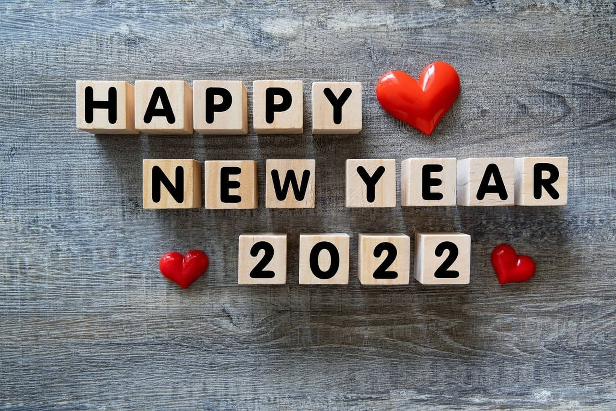 HAPPY NEW YEAR 2022, wooden blocks, gray wood surface, Full HD Desktop Wallpaper
