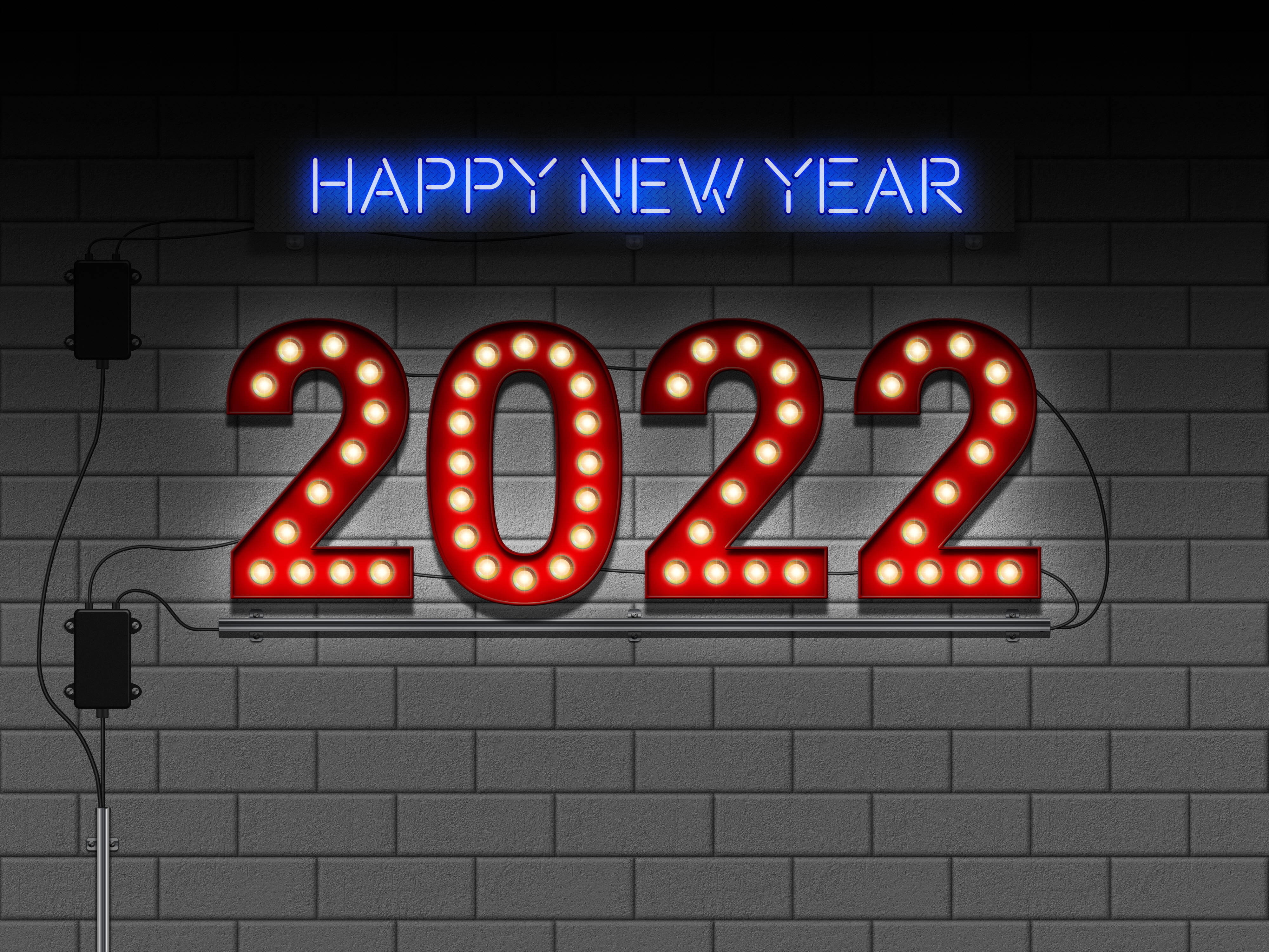Happy New Year 2022, red marquee, blue neon sign, 4K Desktop Wallpaper
