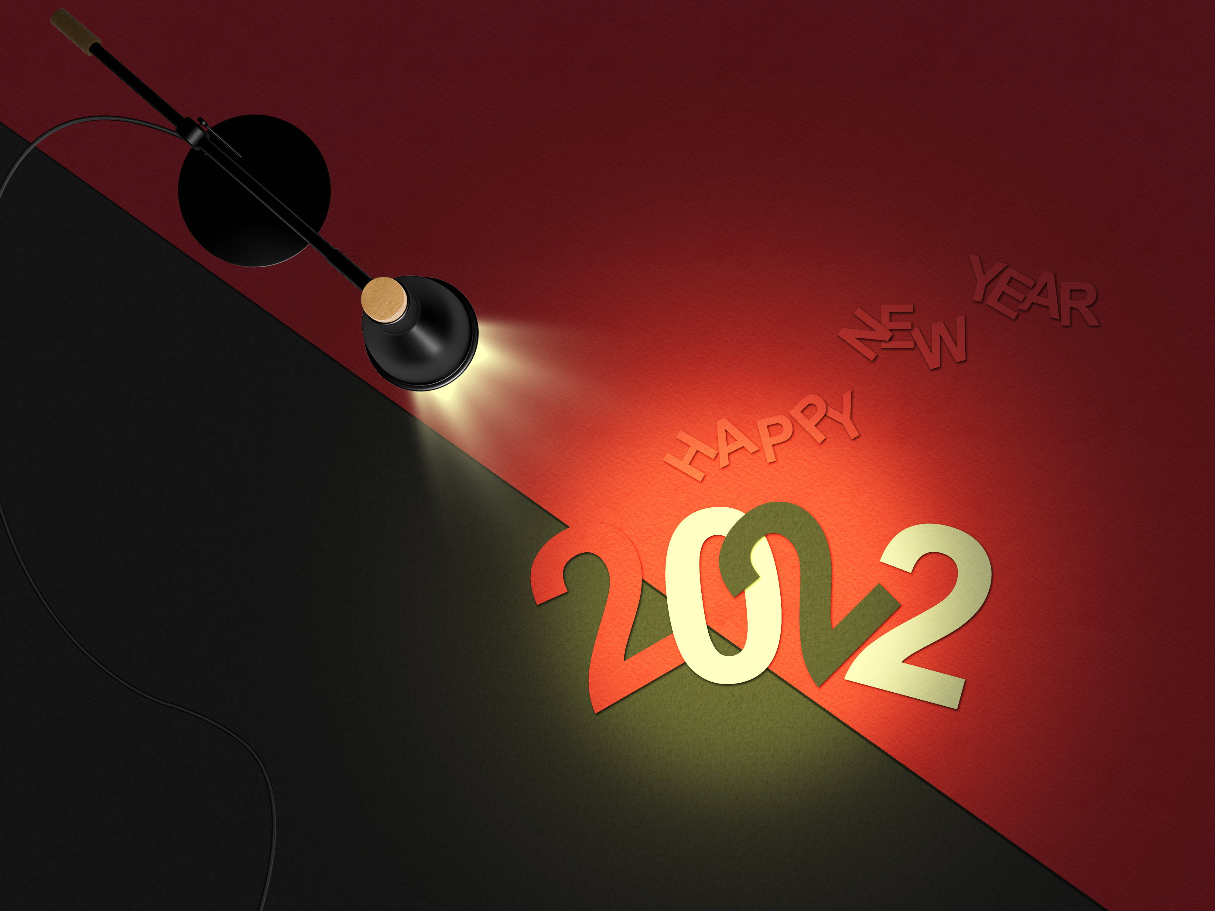 Happy New Year 2022, red spotlight, 2022 cutout letters, 4K Desktop Wallpaper