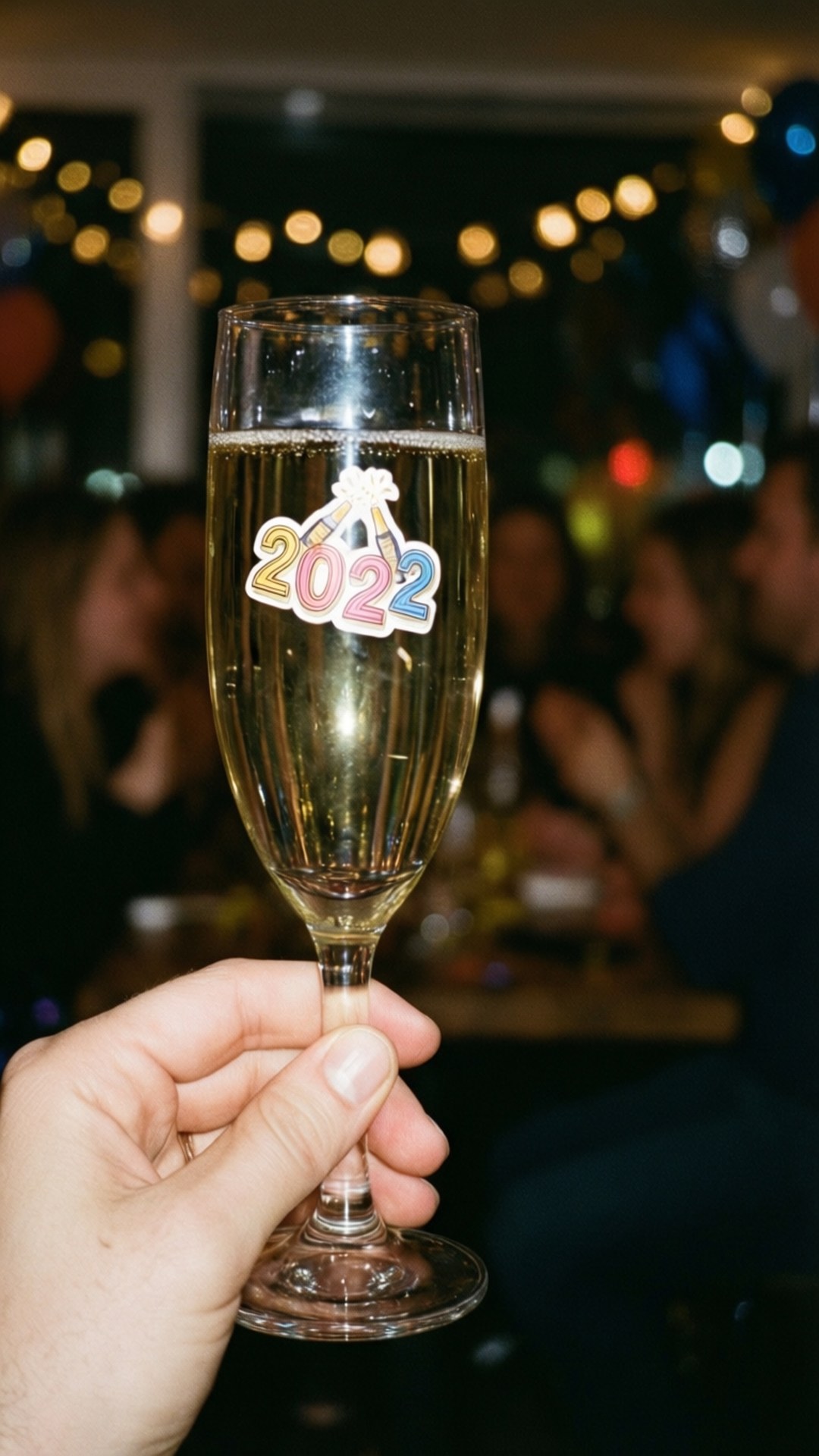 champagne flute, 2022 New Year's Eve sticker, bokeh lights, Full HD Phone Wallpaper