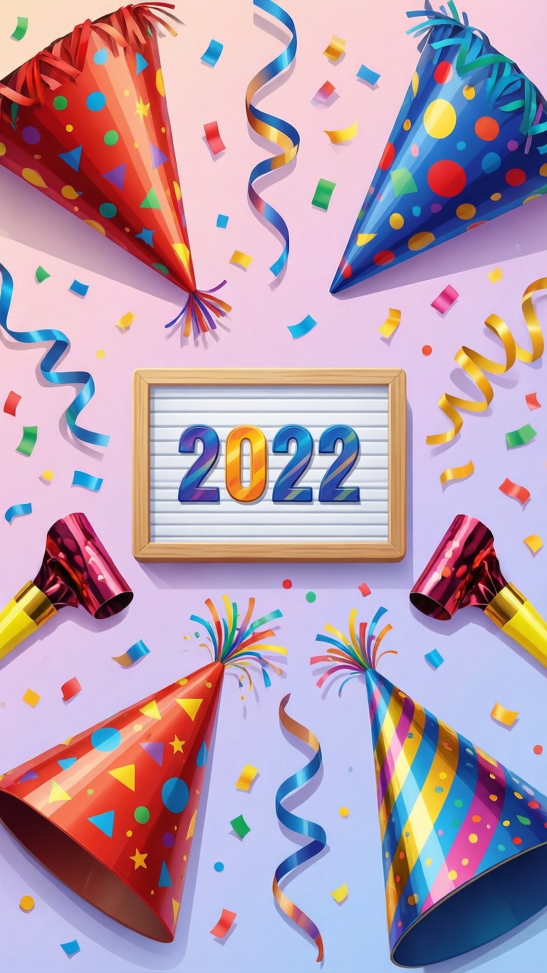 2022 sign, colorful party hats, streamers, Full HD Phone Wallpaper