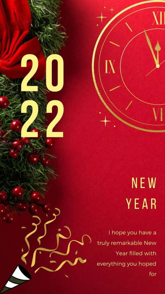 Red And Gold New Year 2022, midnight 2022, holly berries, SD Phone Wallpaper