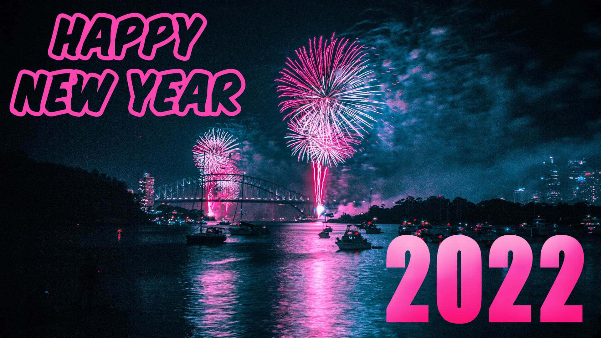 Waterfront New Year 2022, pink and purple fireworks, city bridge, Full HD Desktop Wallpaper