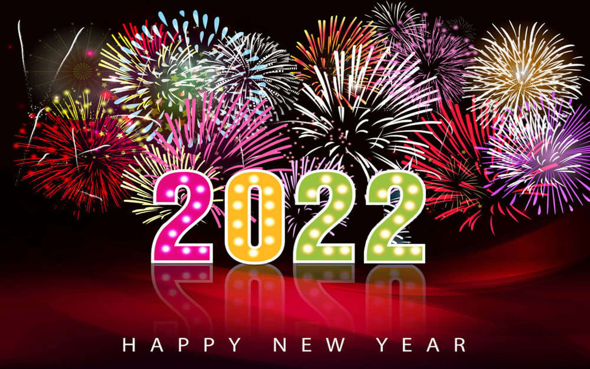 2022 marquee lights, vibrant fireworks, glossy red surface, Full HD Desktop Wallpaper