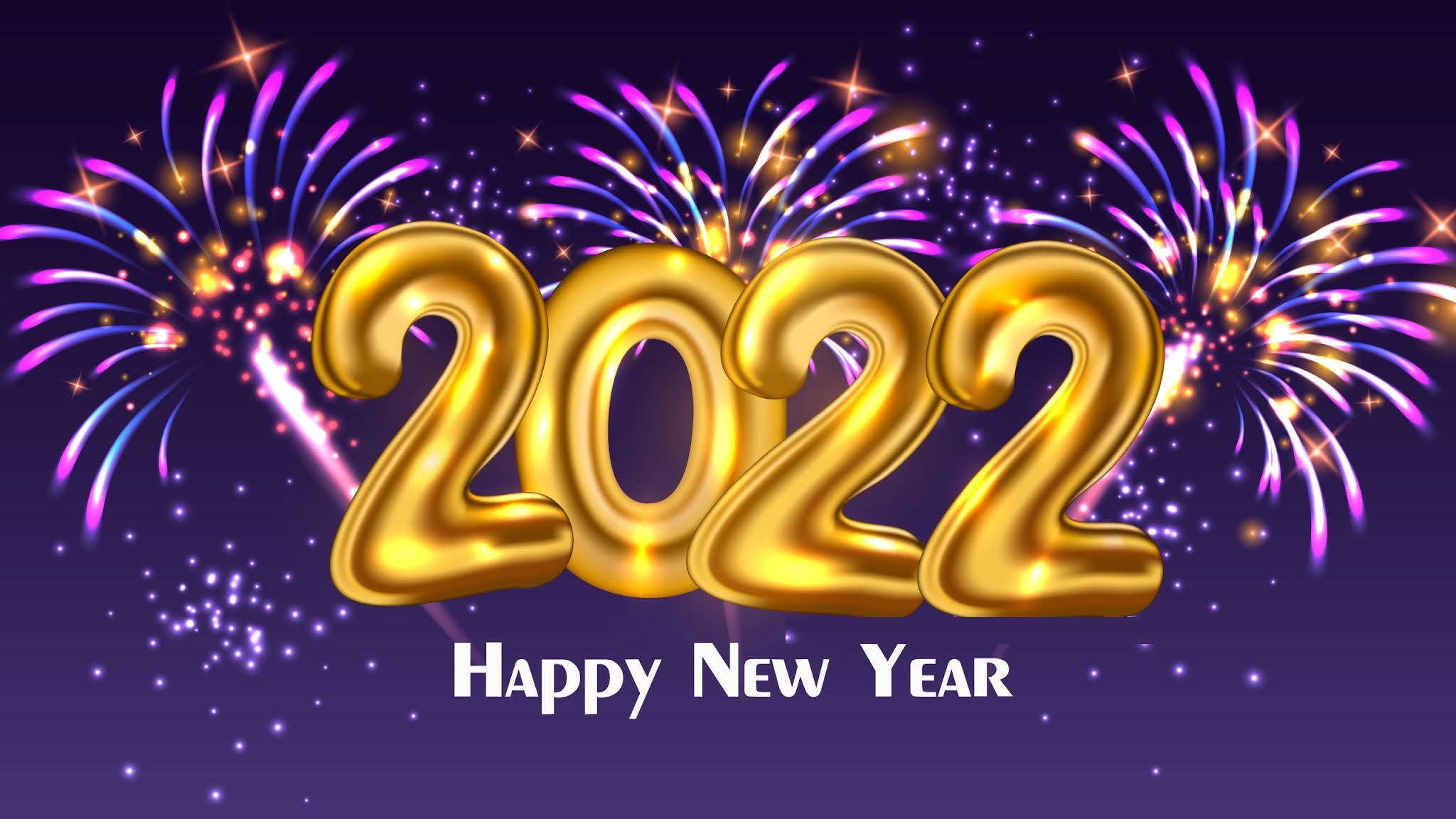 Happy New Year 2022, golden 2022 balloons, purple and gold fireworks, Full HD Desktop Wallpaper