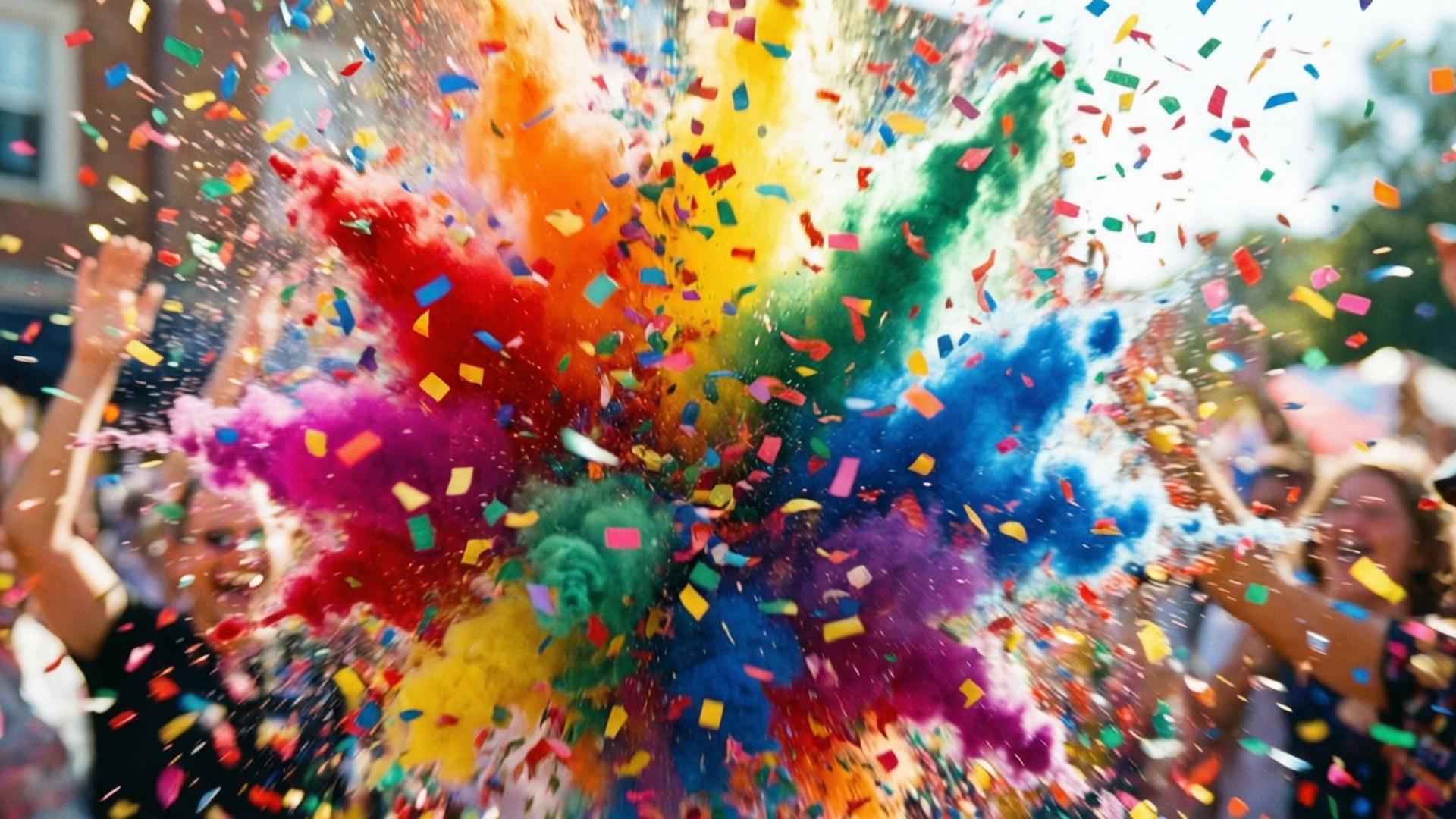 rainbow confetti burst, rainbow-colored powder, confetti, Full HD Desktop Wallpaper