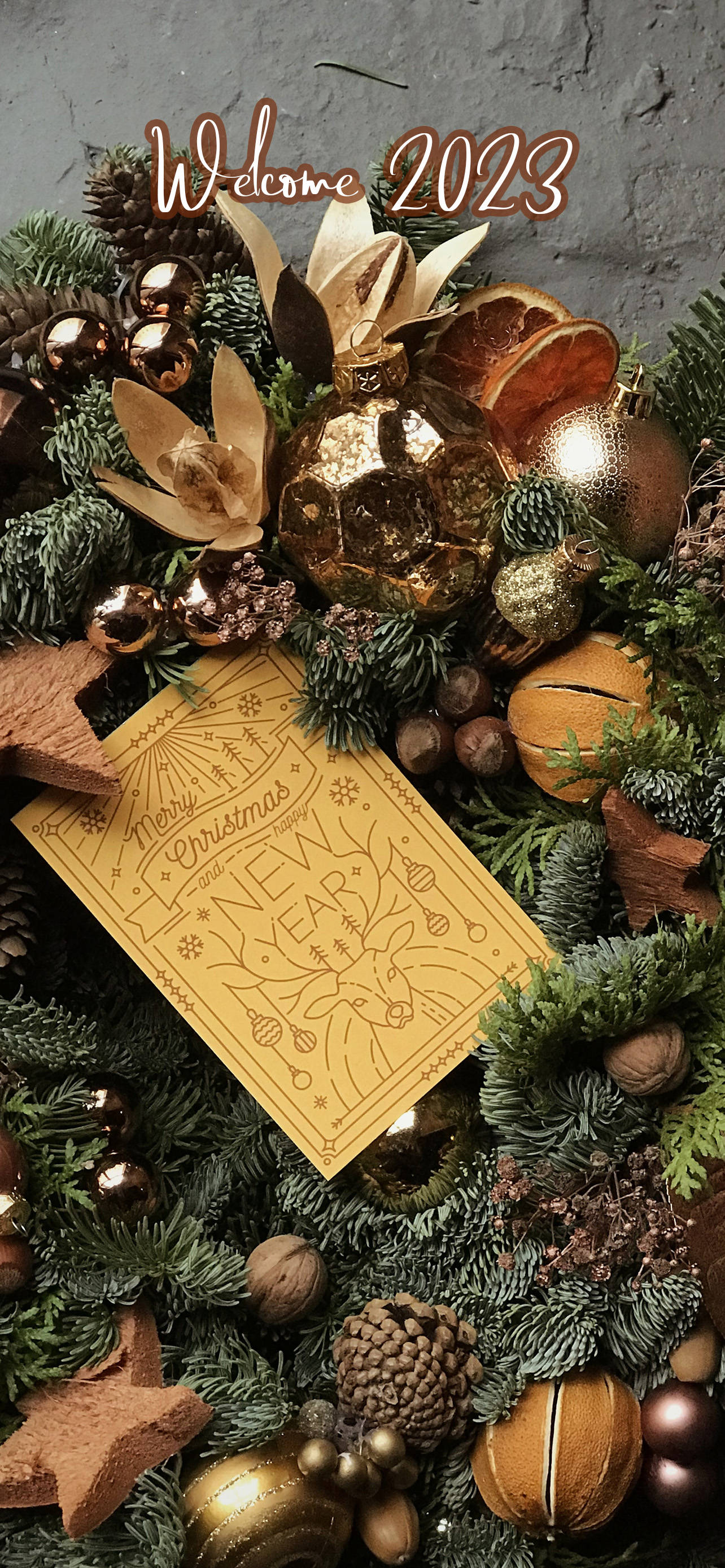 Happy New Year 2023, gold ornaments, dried citrus slices, 2K Phone Wallpaper