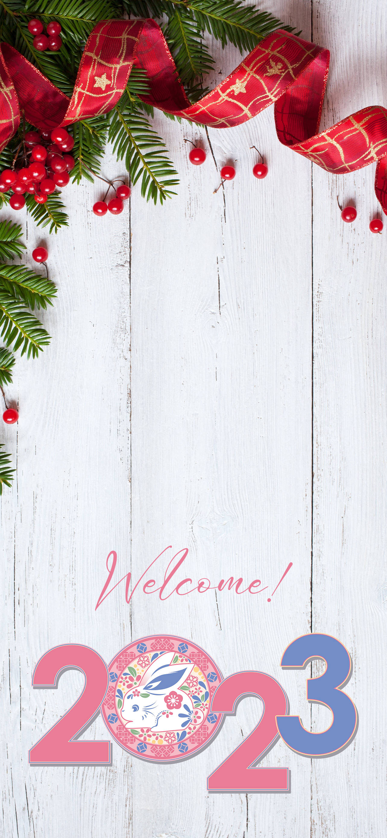 Happy New Year 2023, red ribbon, pine branches, 2K Phone Wallpaper