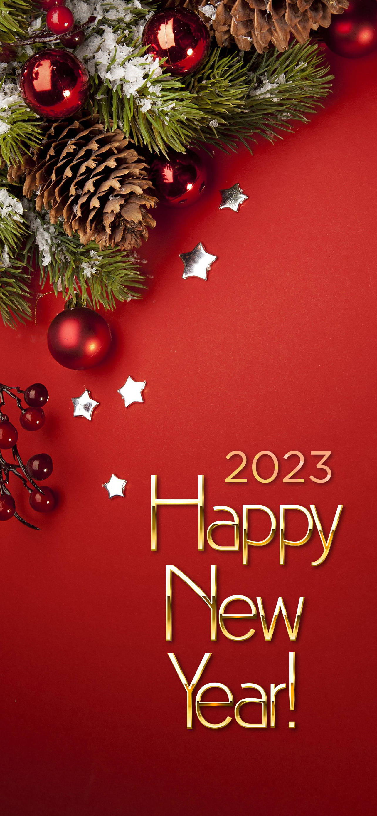 Red Aesthetic, Happy New Year 2023, pine branches, 2K Phone Wallpaper