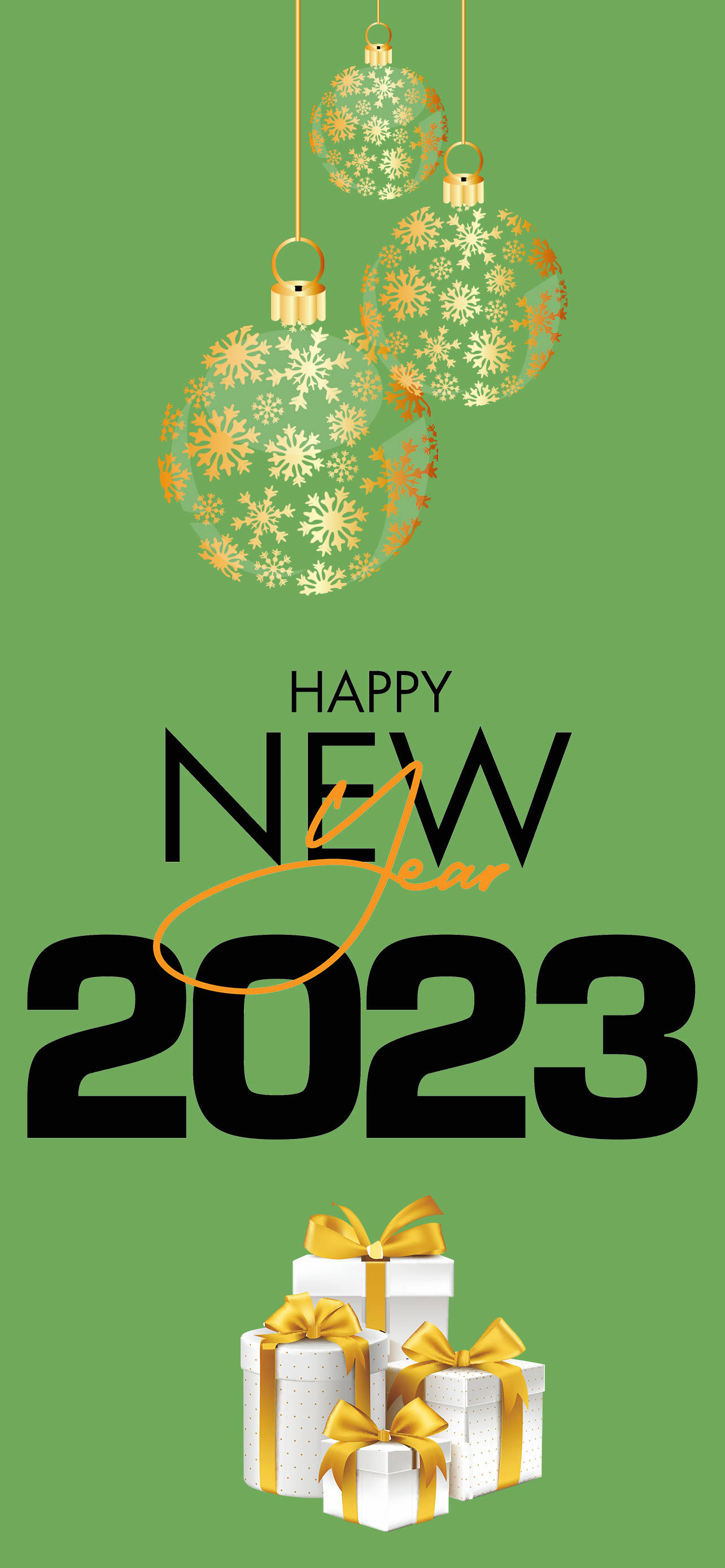 Happy New Year 2023, gold snowflake ornaments, gift boxes, 2K Phone Wallpaper