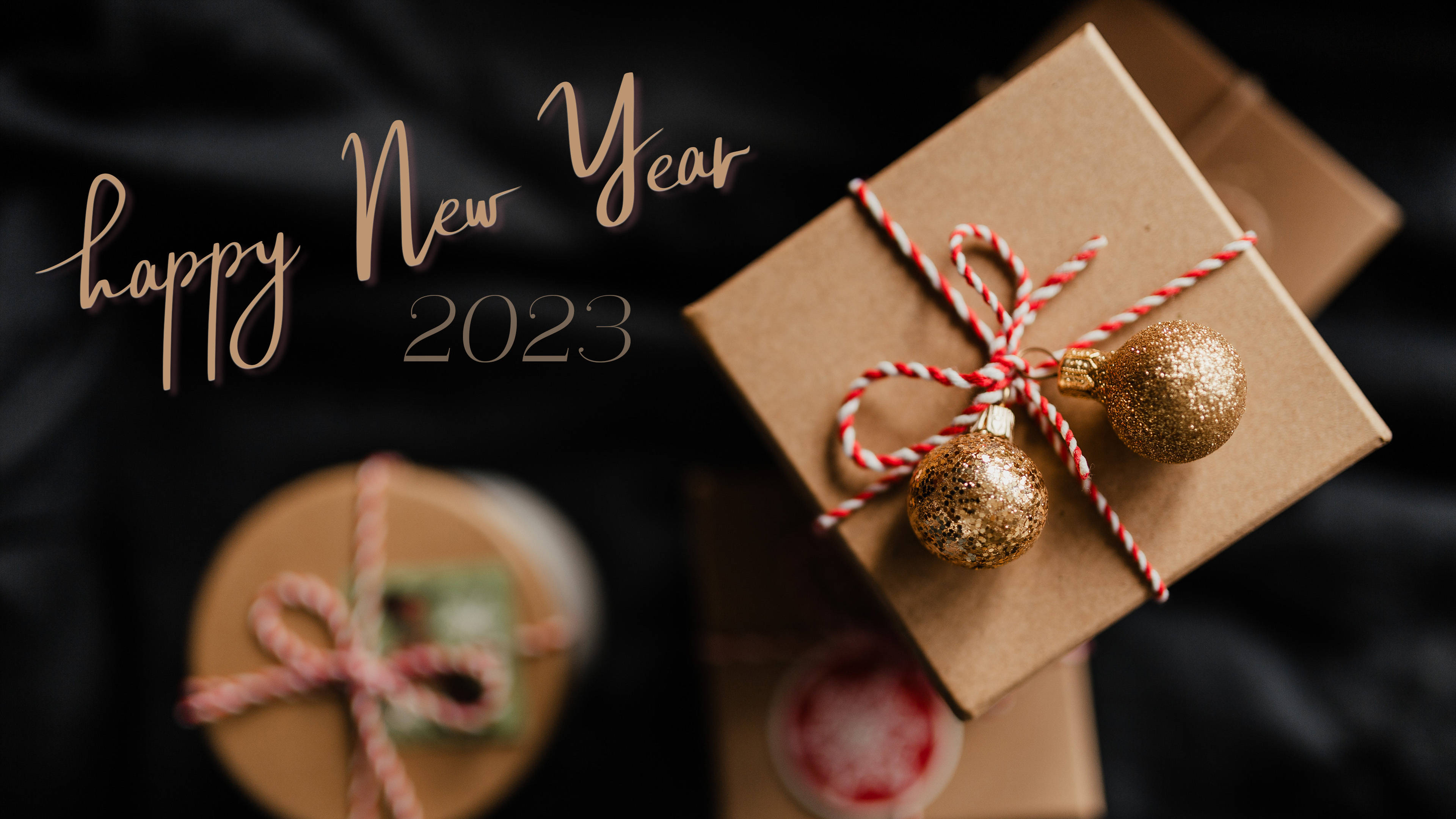Happy New Year 2023, brown gift boxes, red and white twine, 4K Desktop Wallpaper