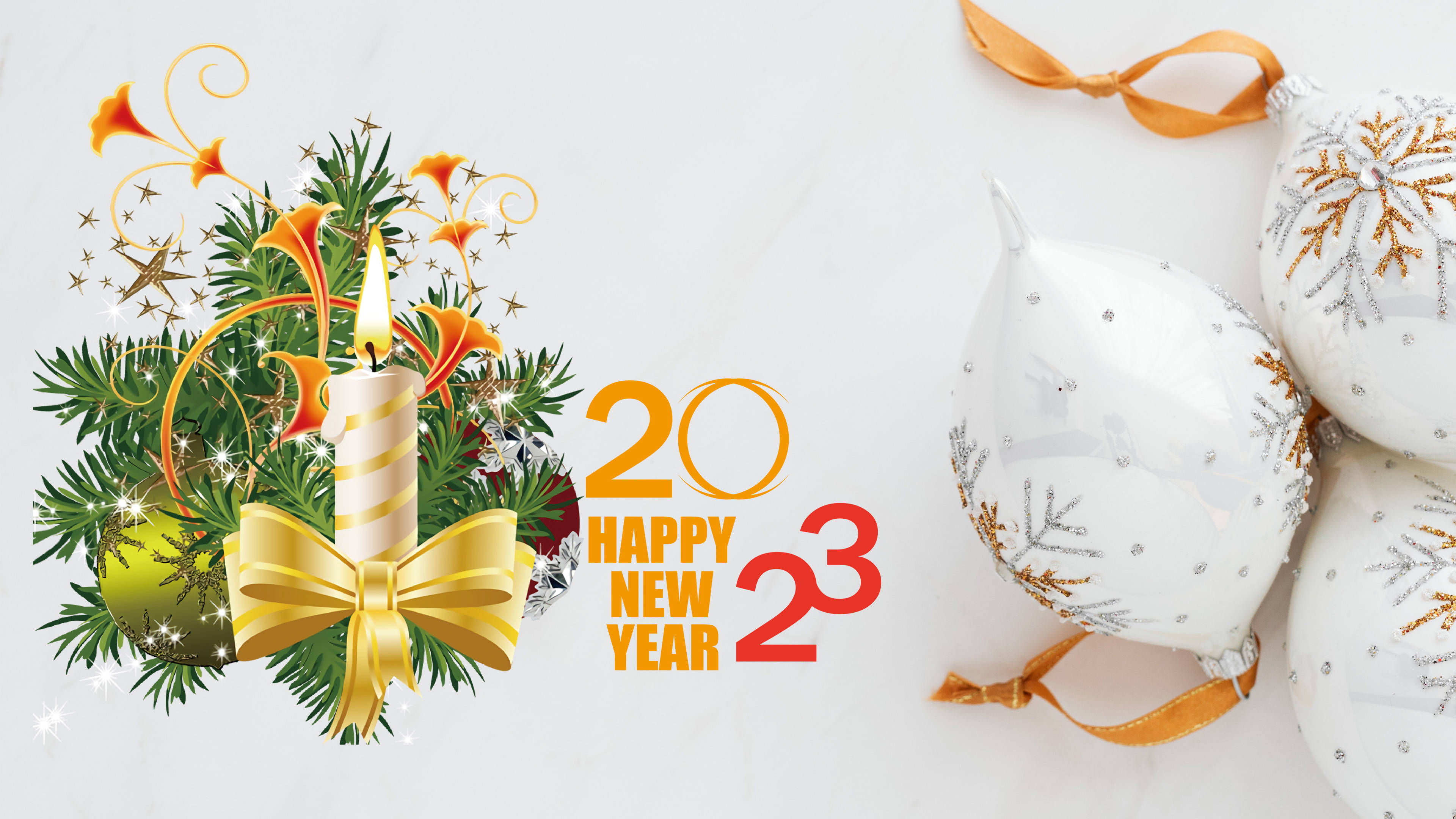 Happy New Year 2023, gold bow, pine branches, 4K Desktop Wallpaper