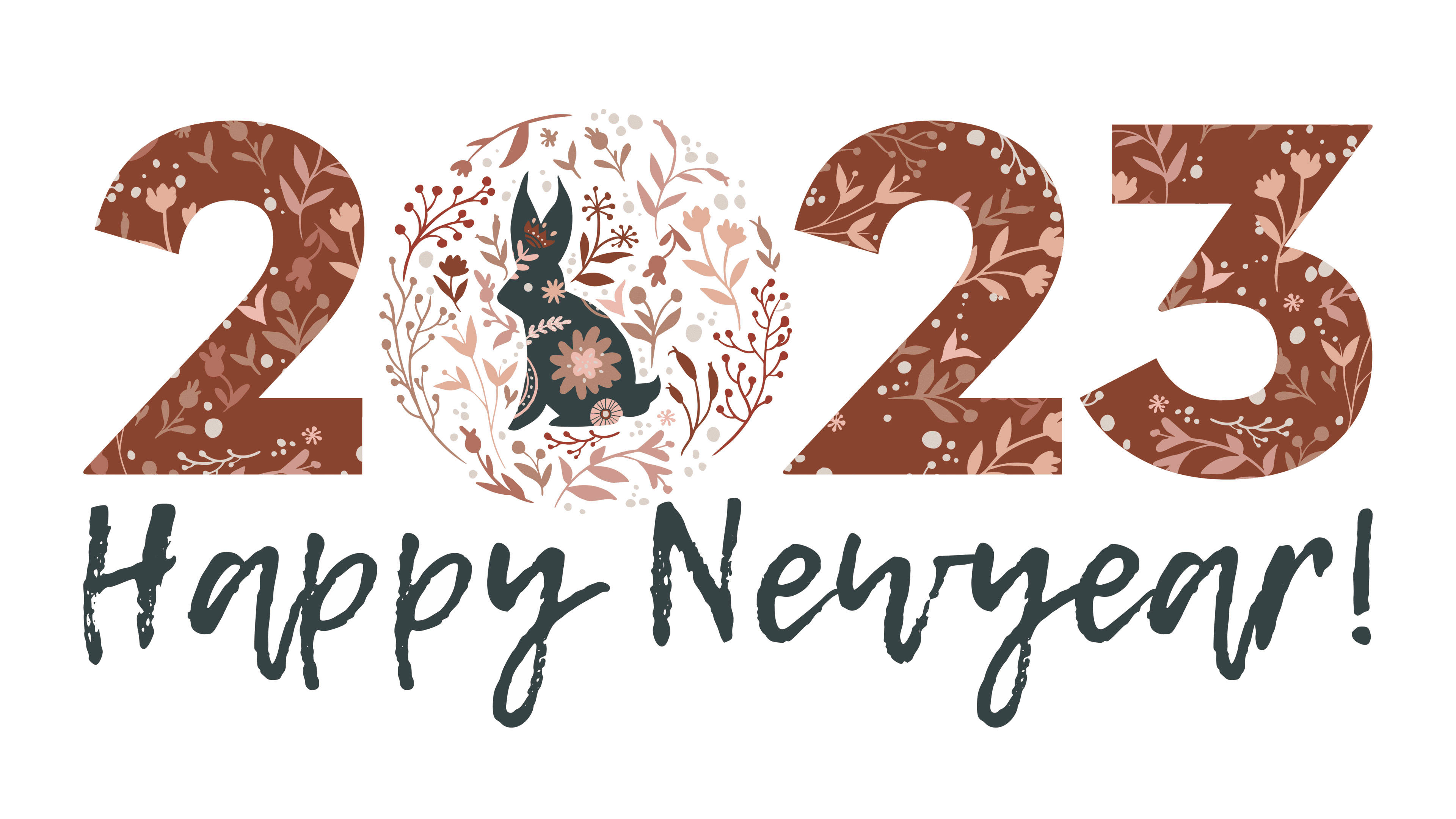 Happy New Year 2023, floral wreath rabbit, brown patterned numerals, 4K Desktop Wallpaper