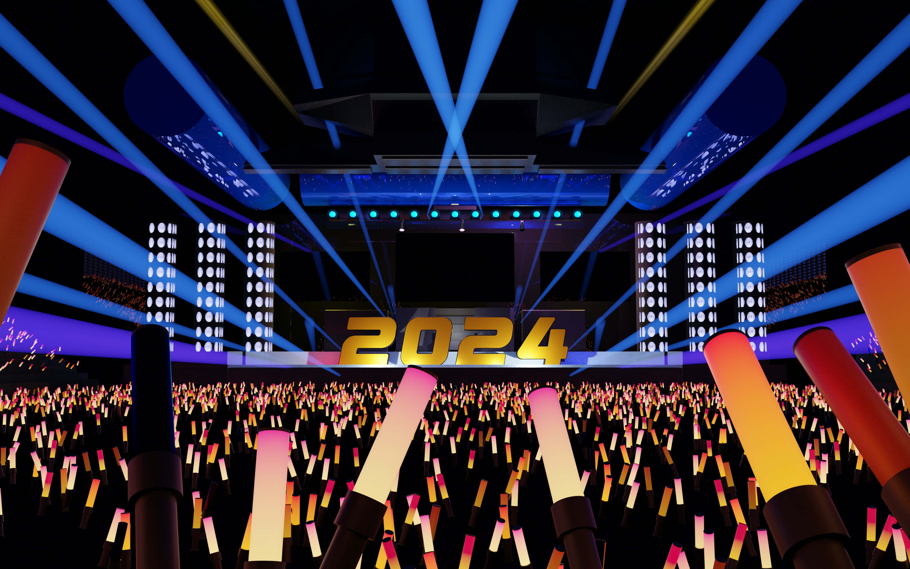 2024, golden '2024' letters, blue spotlights, 4K Desktop Wallpaper