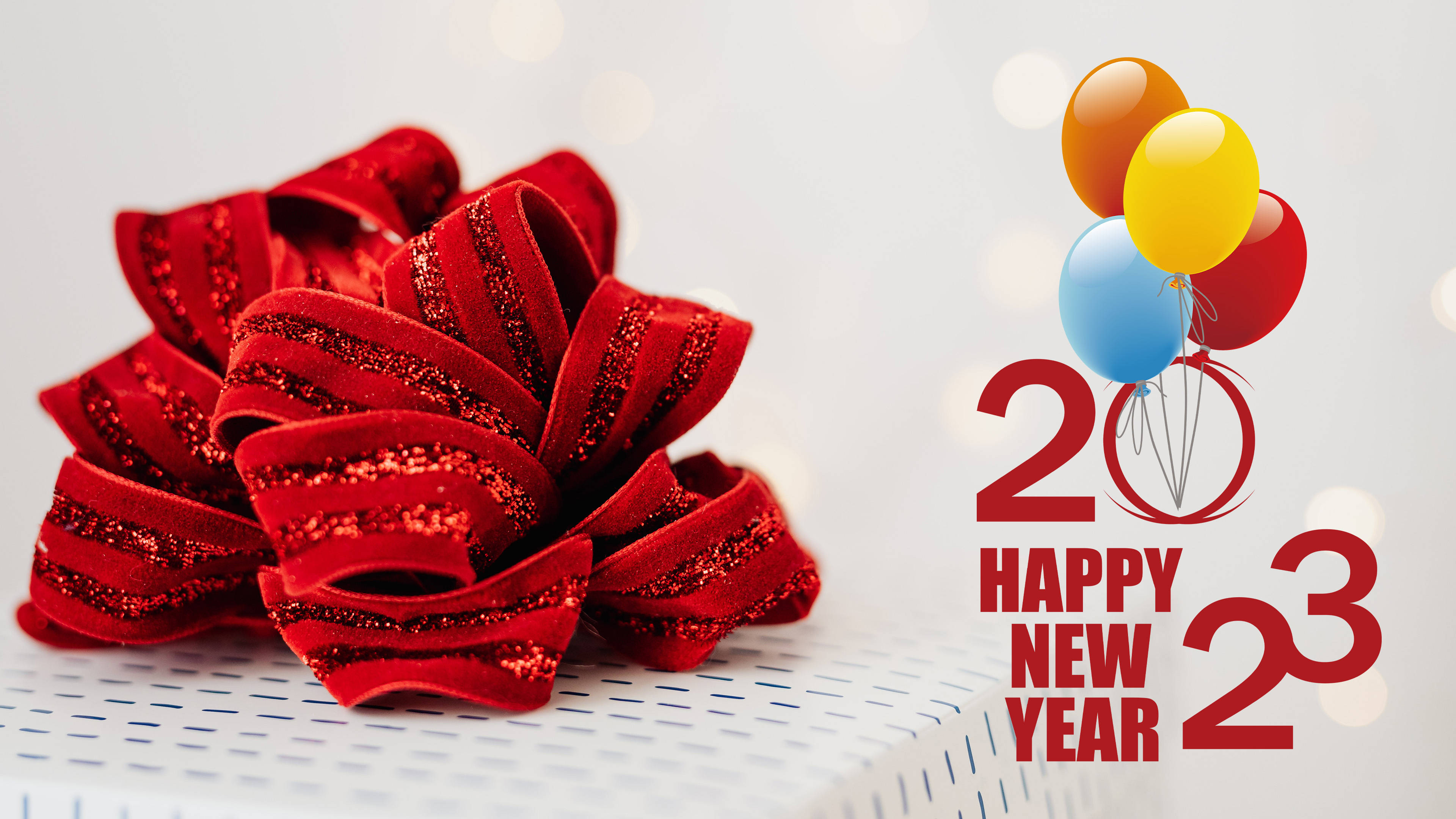 Happy New Year 2023, red ribbon, glitter bow, 4K Desktop Wallpaper