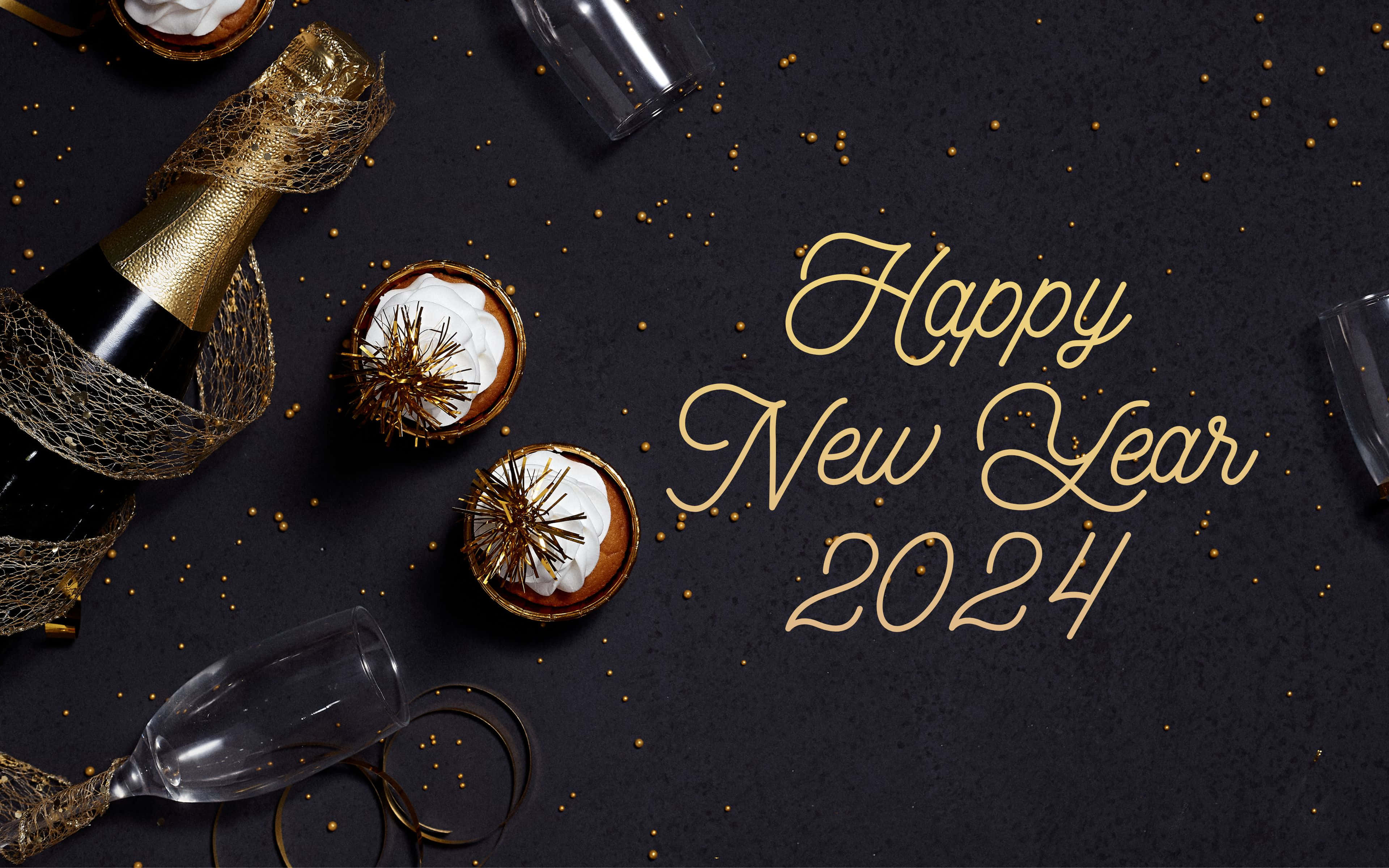 Happy New Year 2024, champagne bottle cupcakes, gold glitter, 4K Desktop Wallpaper