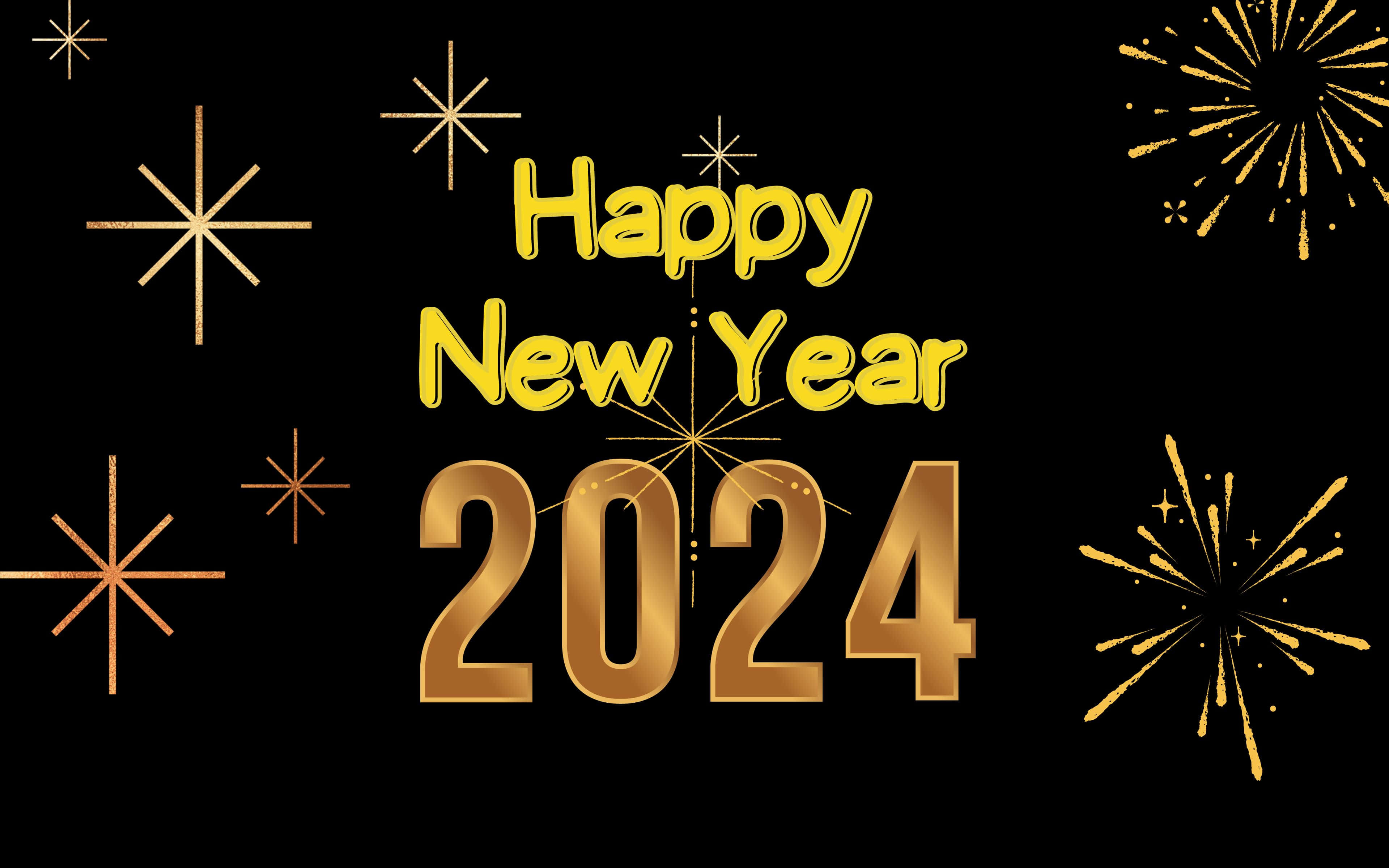 Happy New Year 2024, golden text, sparkling fireworks, 4K Desktop Wallpaper