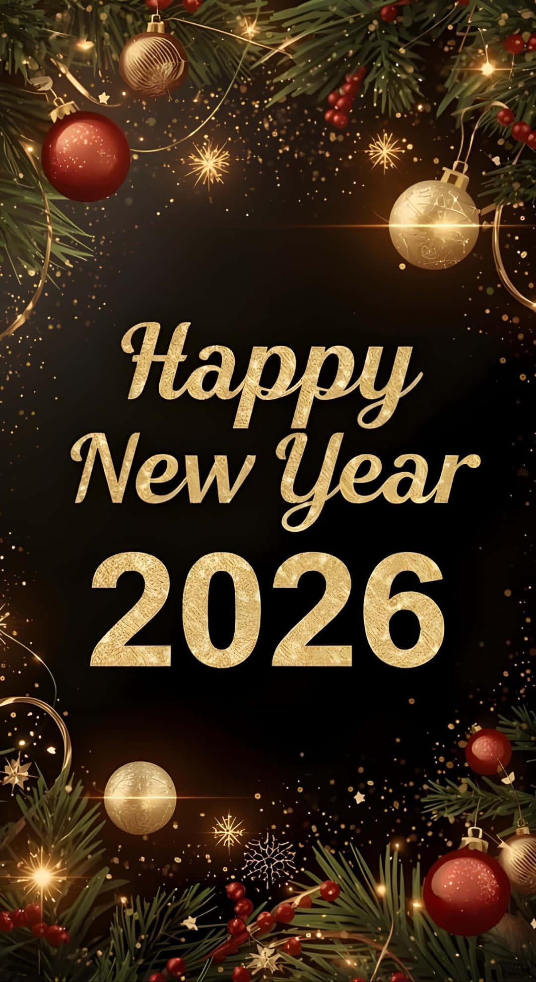 Happy New Year 2026, golden text, black background, Full HD Phone Wallpaper