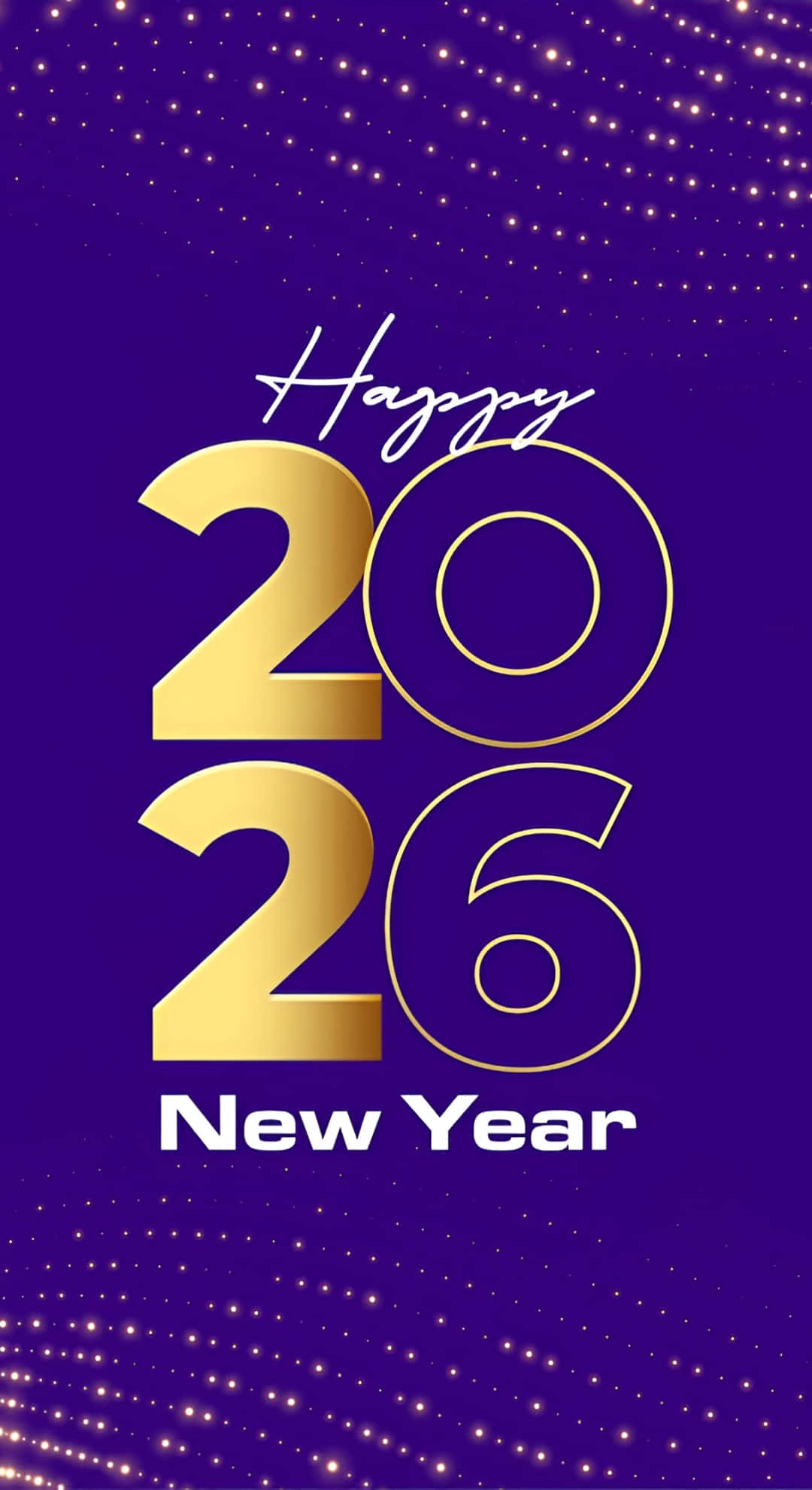 Happy New Year 2026, golden text, deep purple background, Full HD Phone Wallpaper