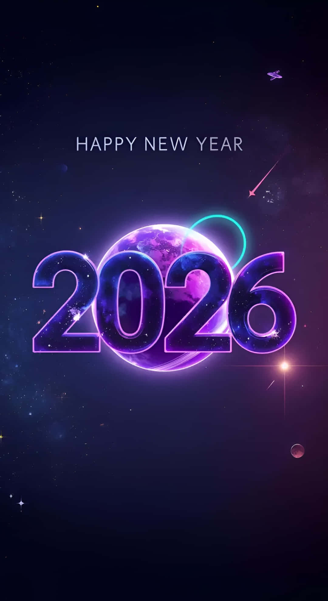 Happy New Year 2026, glowing purple 2026 text, planet, Full HD Phone Wallpaper