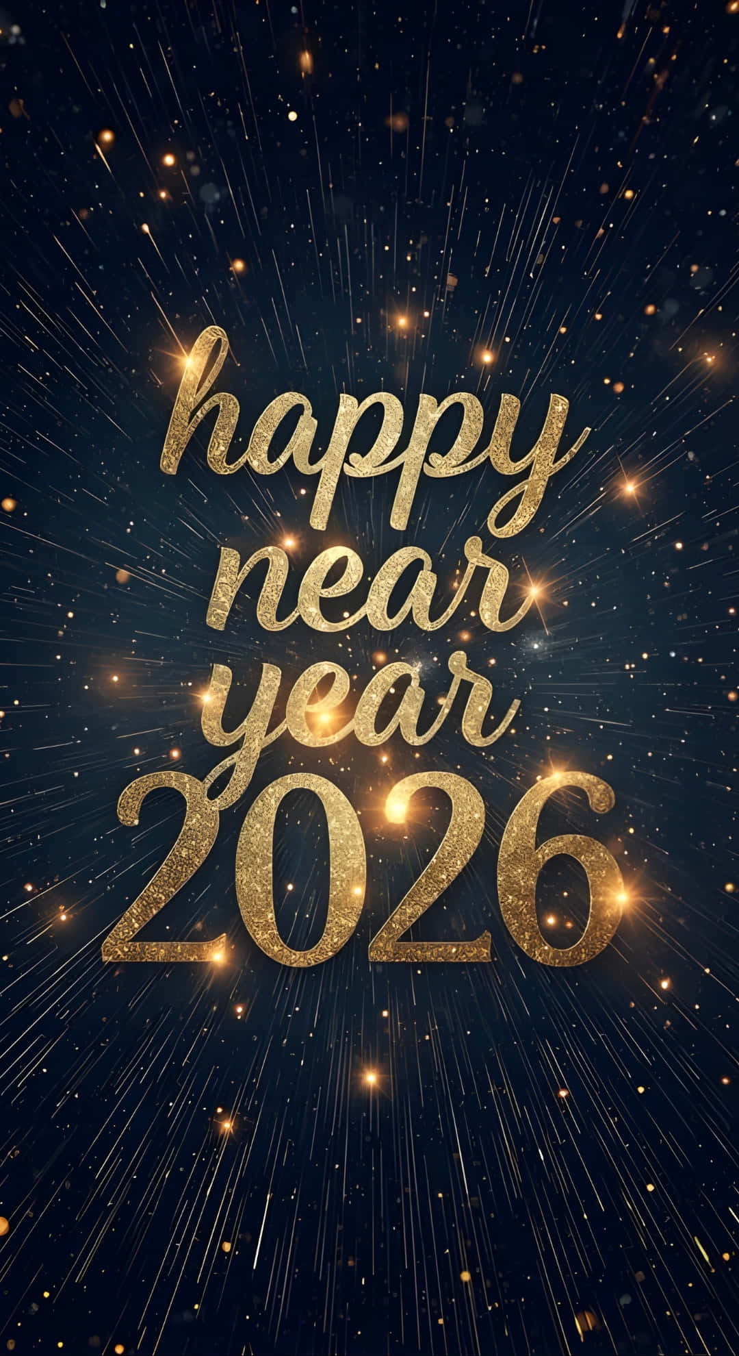 Happy New Year 2026, golden glittery text, dark blue starry sky, Full HD Phone Wallpaper