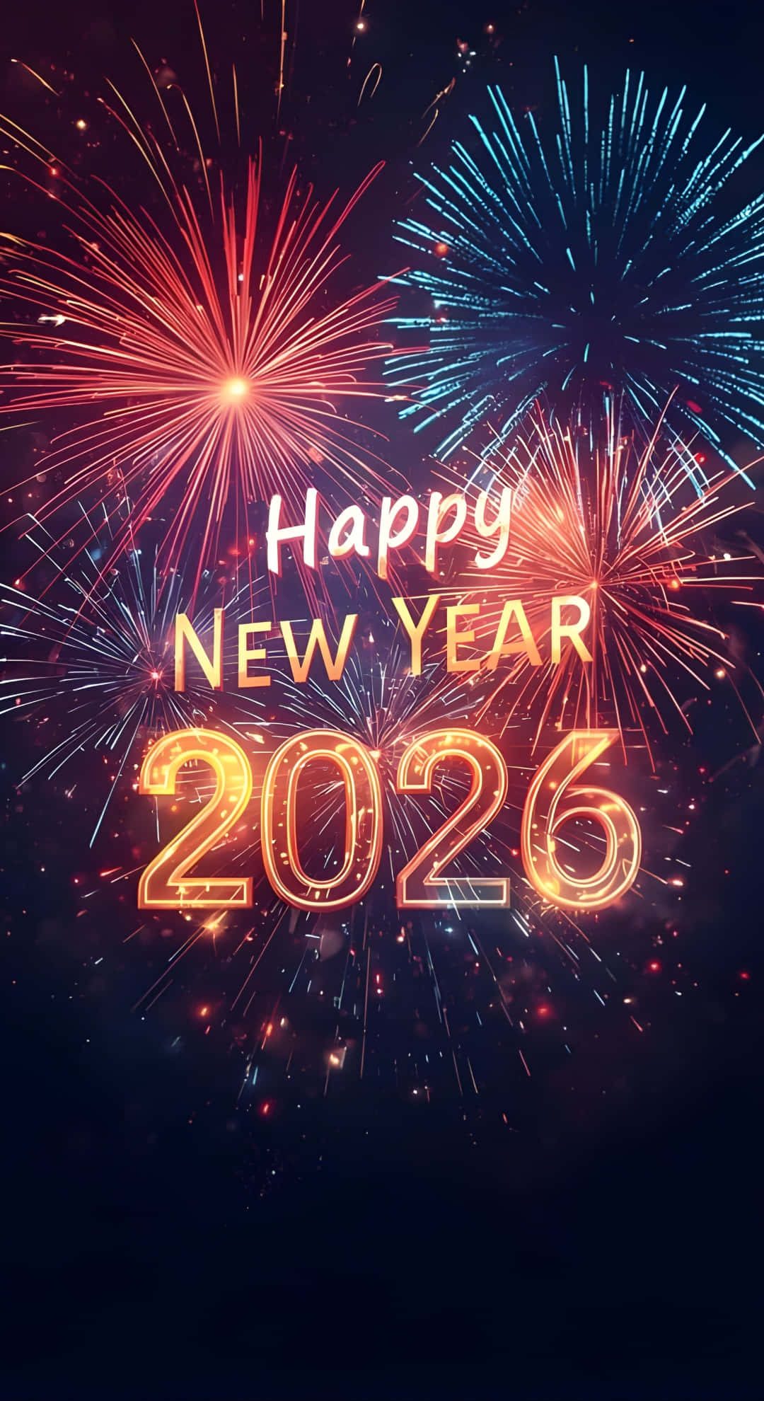 Happy New Year 2026, red and blue fireworks, glowing text, Full HD Phone Wallpaper