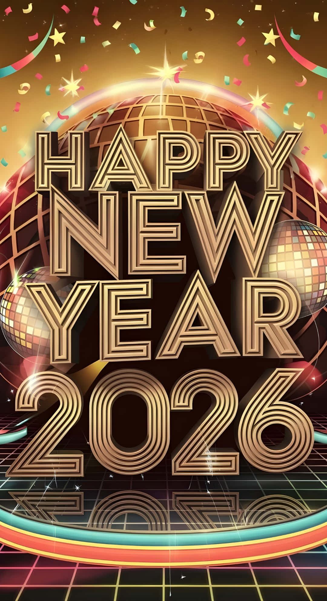 Happy New Year 2026, disco ball, rainbow confetti, Full HD Phone Wallpaper
