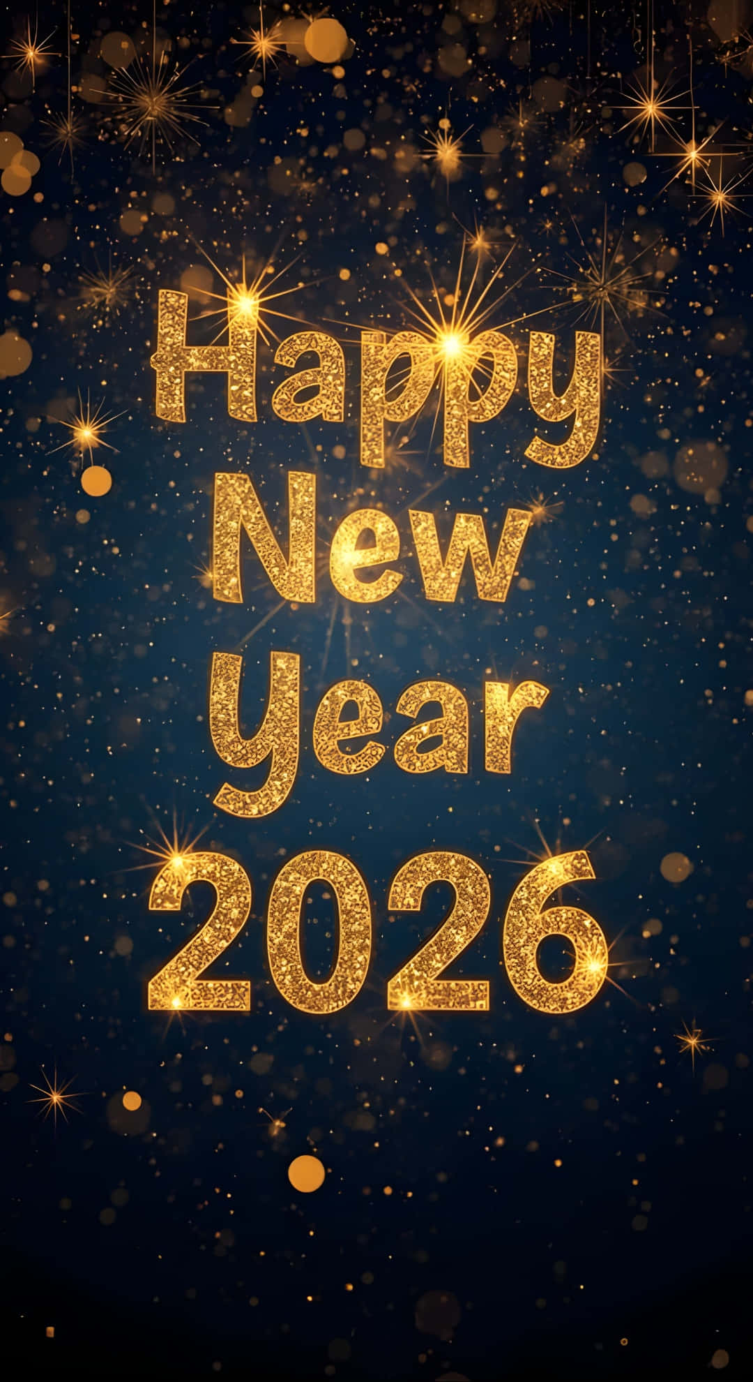 Happy New Year 2026, golden glittery text, dark blue background, Full HD Phone Wallpaper