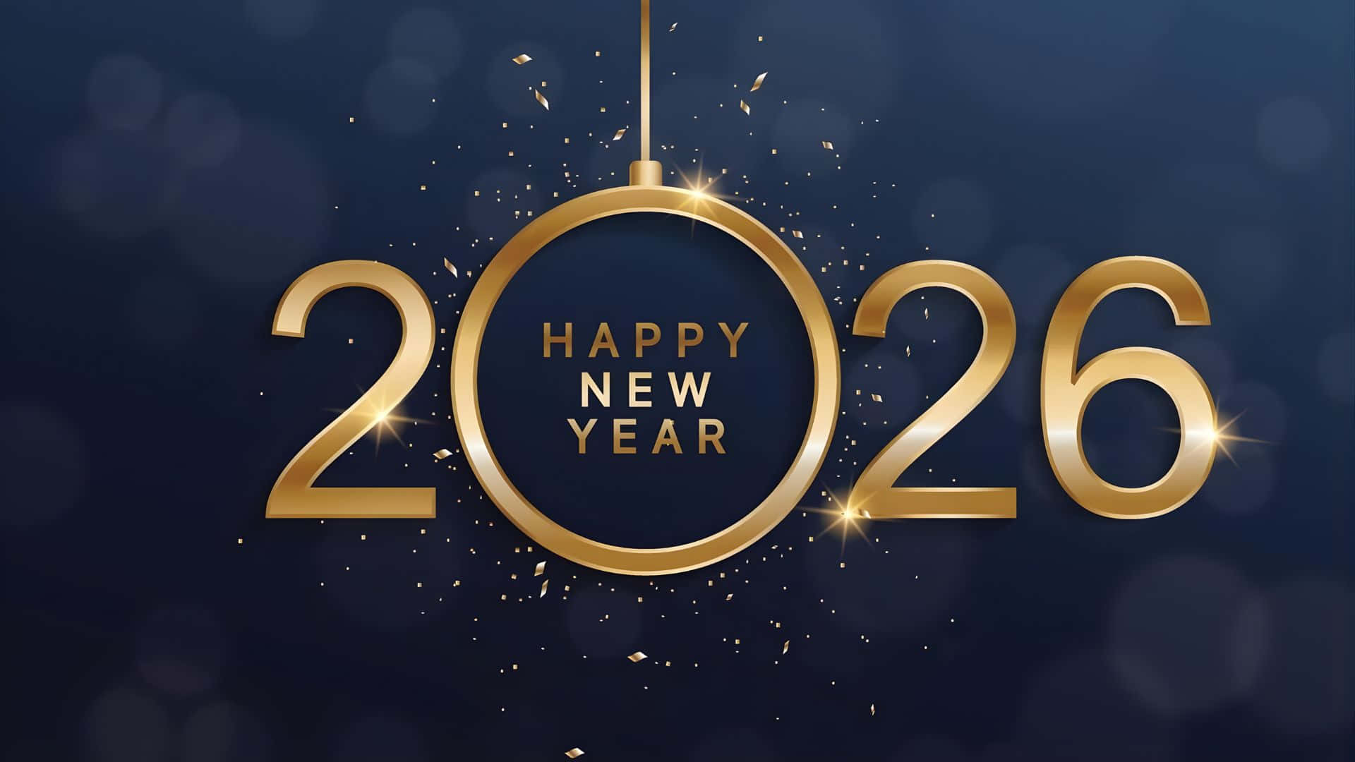 Happy New Year 2026, golden 2026 New Year text, hanging ornament style, Full HD Desktop Wallpaper