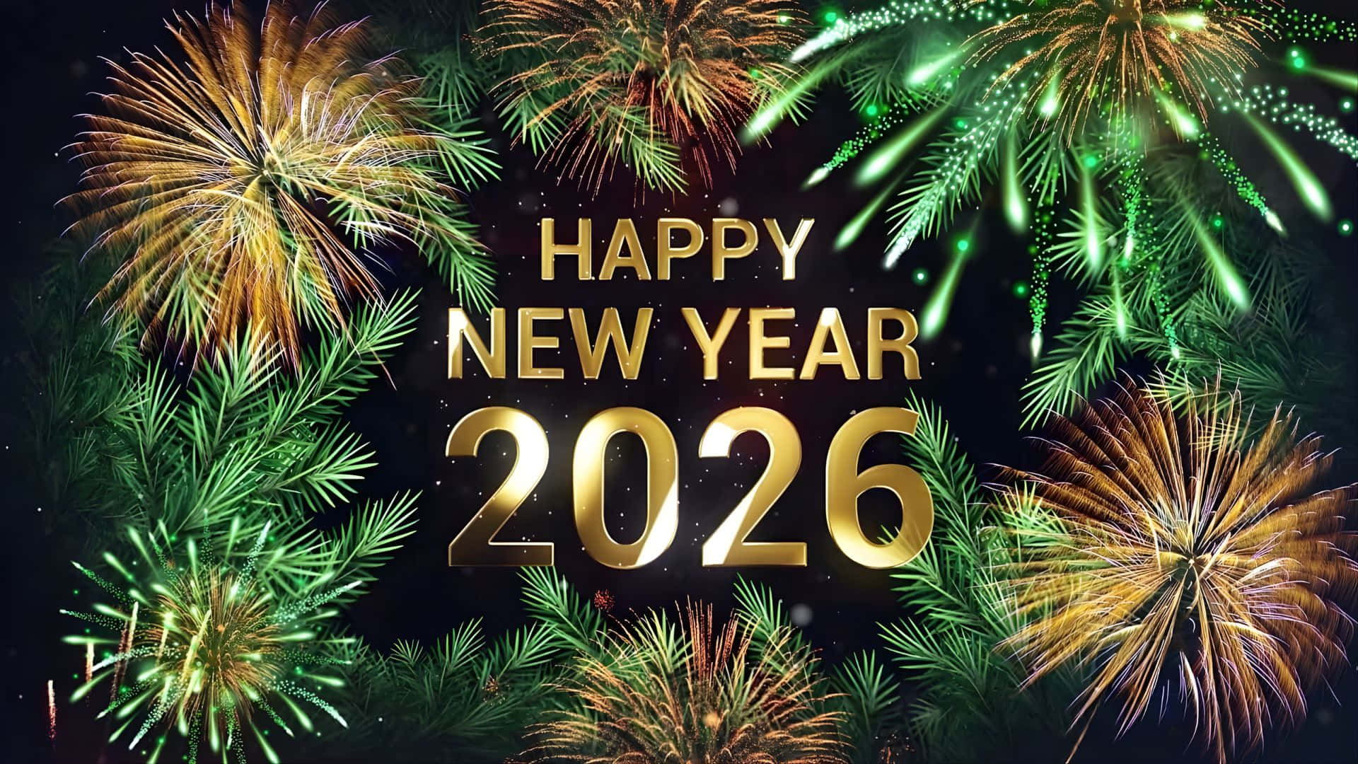 Happy New Year 2026, golden text, vibrant green and gold fireworks, Full HD Desktop Wallpaper