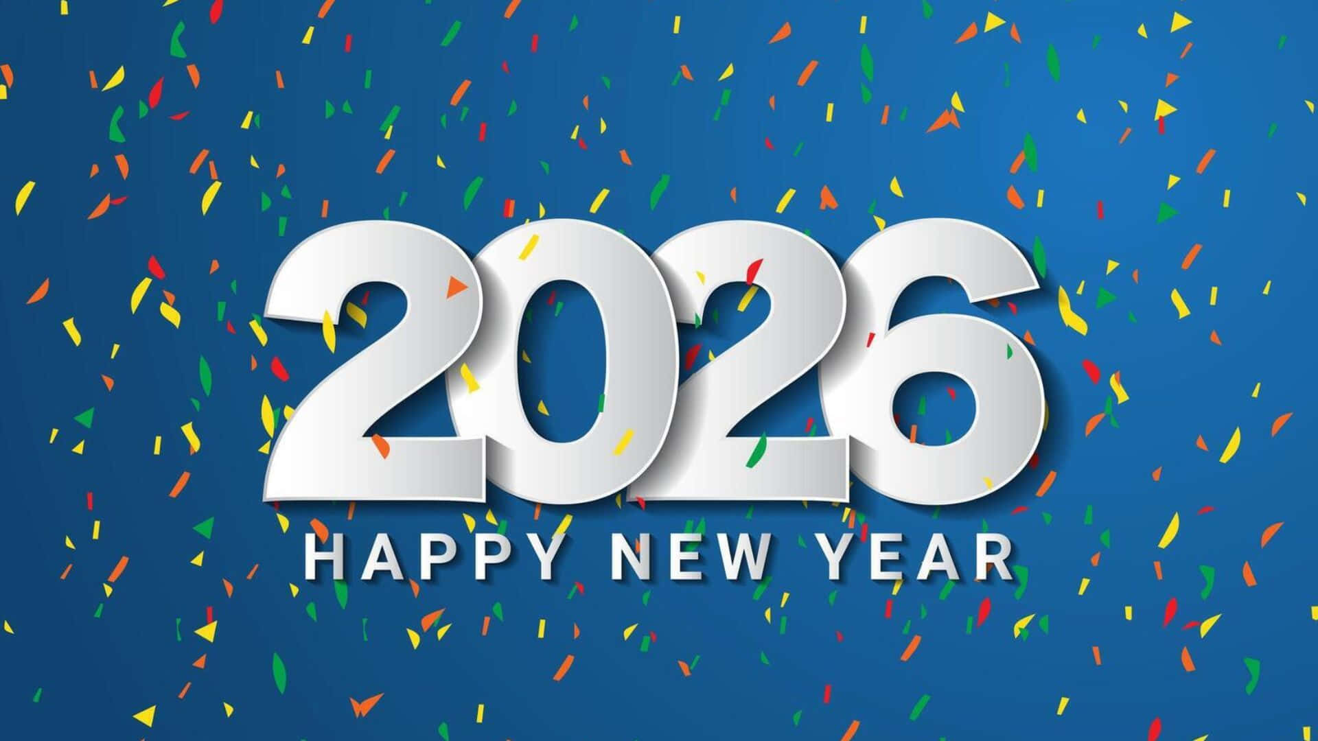 Happy New Year 2026, white 2026 text, colorful confetti, Full HD Desktop Wallpaper