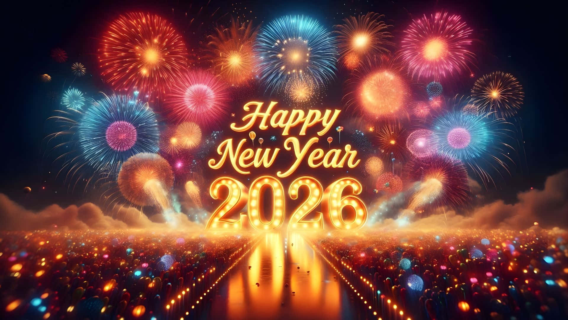 Happy New Year 2026, fireworks, glowing sign, Full HD Desktop Wallpaper
