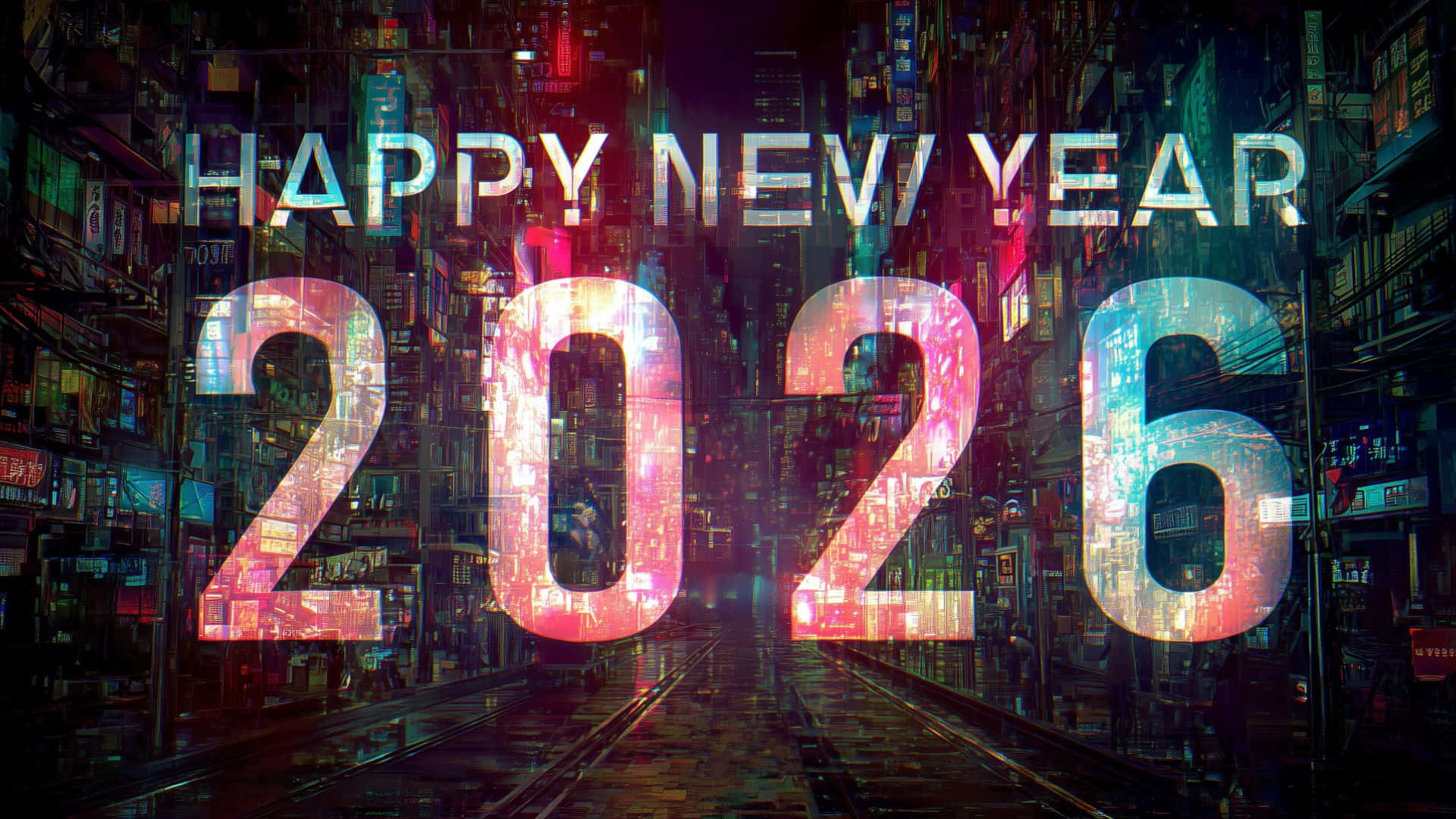 2026, neon-drenched cyberpunk city street, night, Full HD Desktop Wallpaper