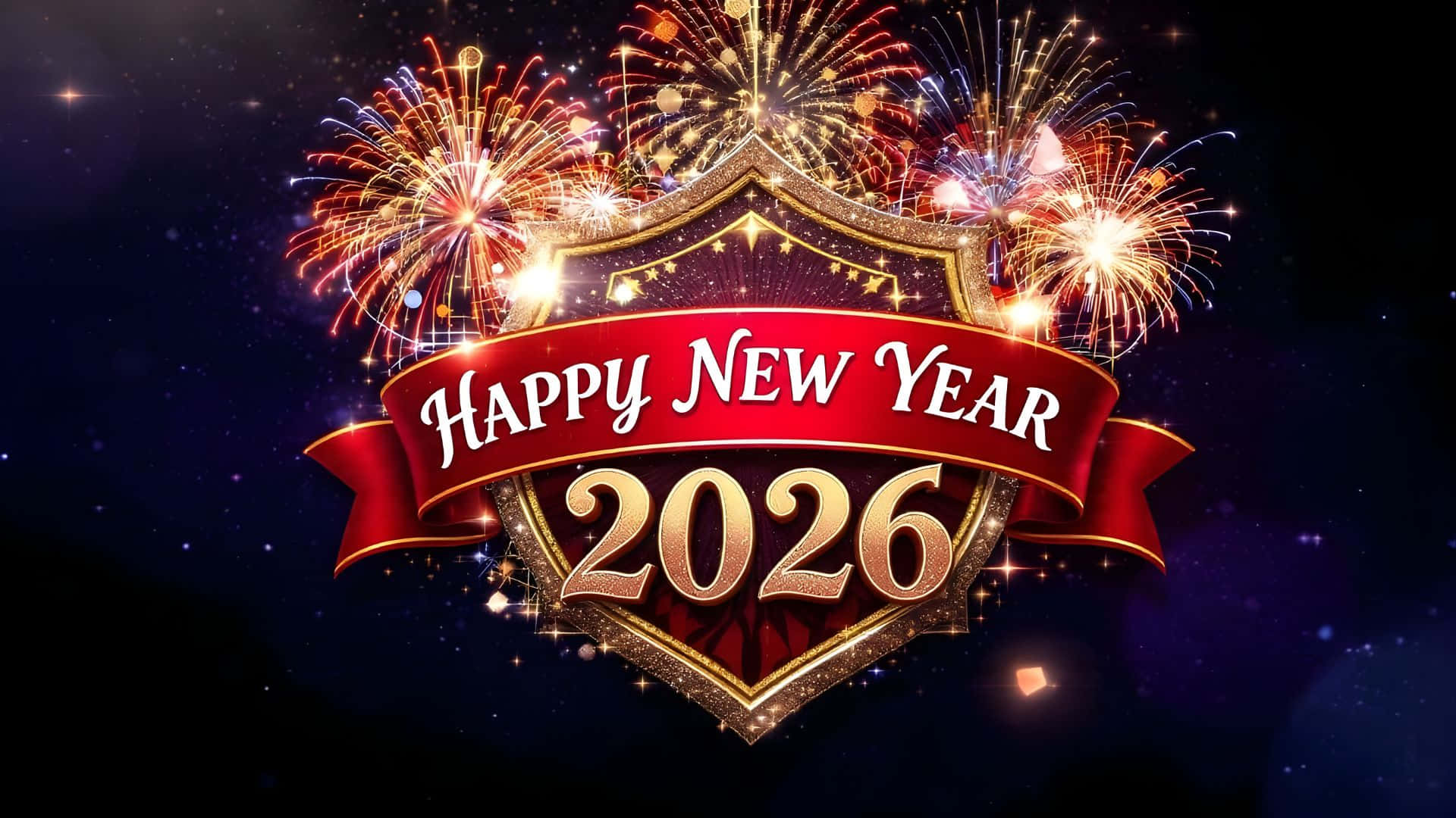 Happy New Year 2026, golden shield emblem, red ribbon, Full HD Desktop Wallpaper
