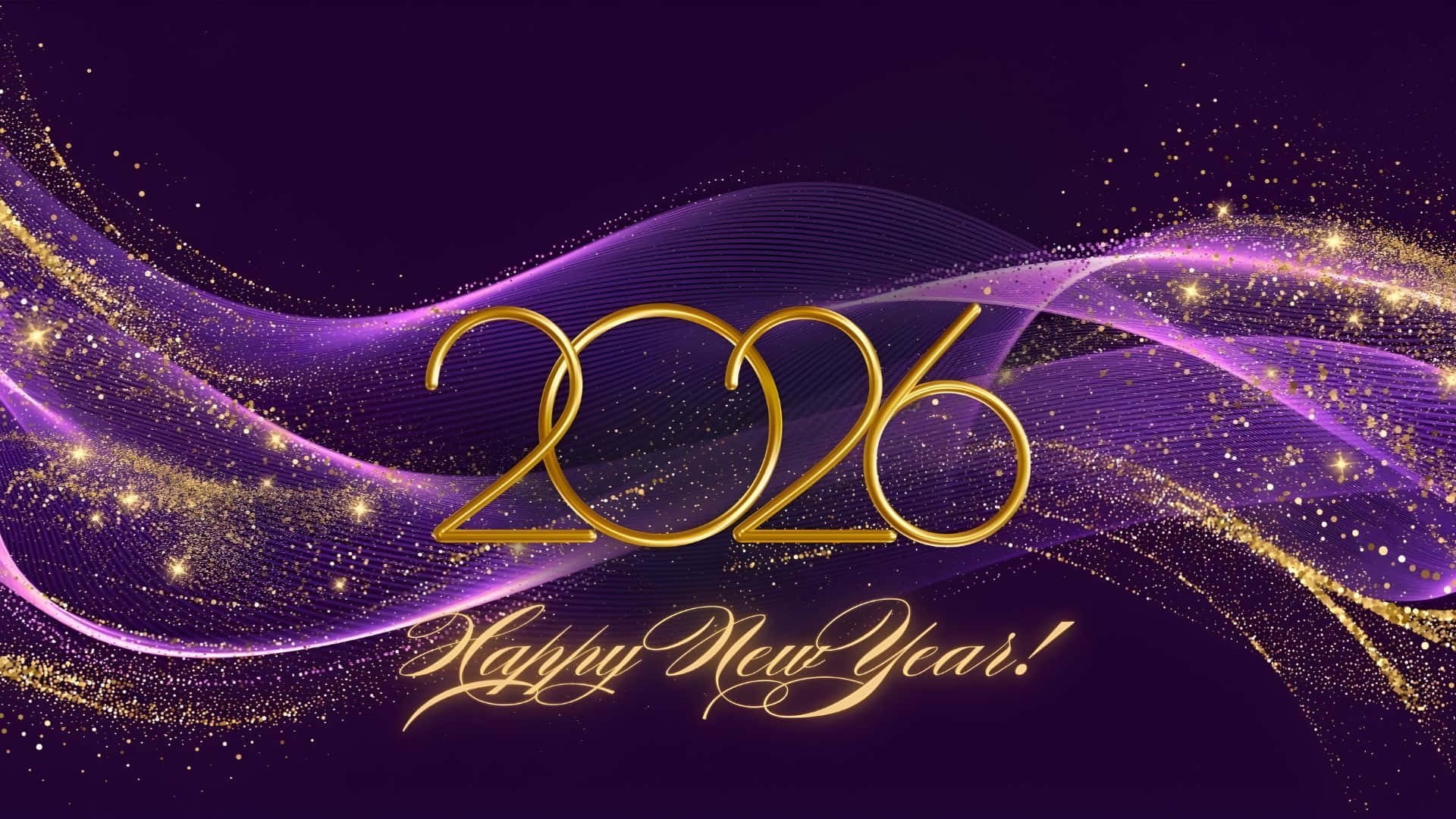Happy New Year 2026, golden text, purple and gold particle background, Full HD Desktop Wallpaper