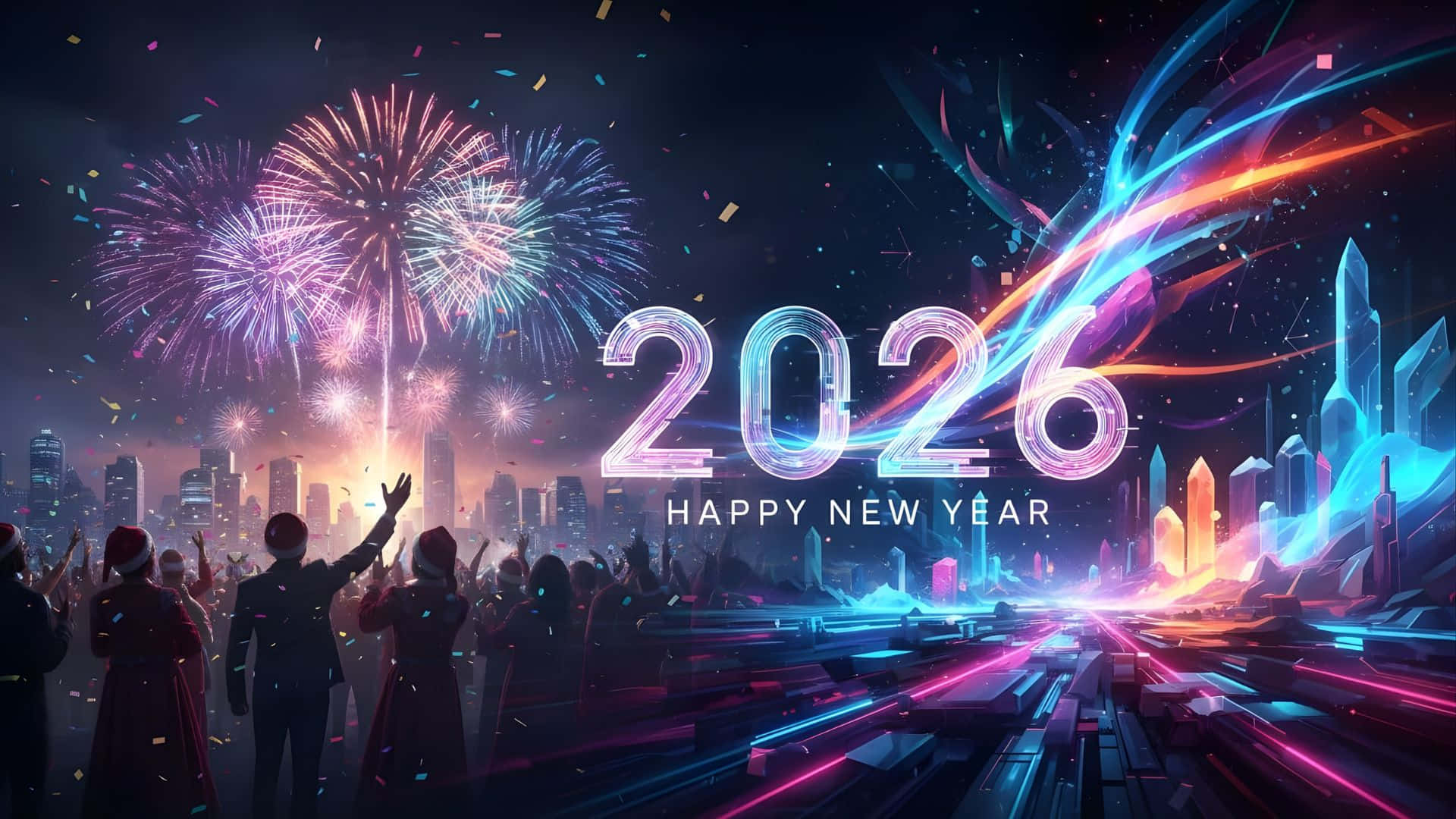Happy New Year 2026, futuristic city skyline, night, Full HD Desktop Wallpaper
