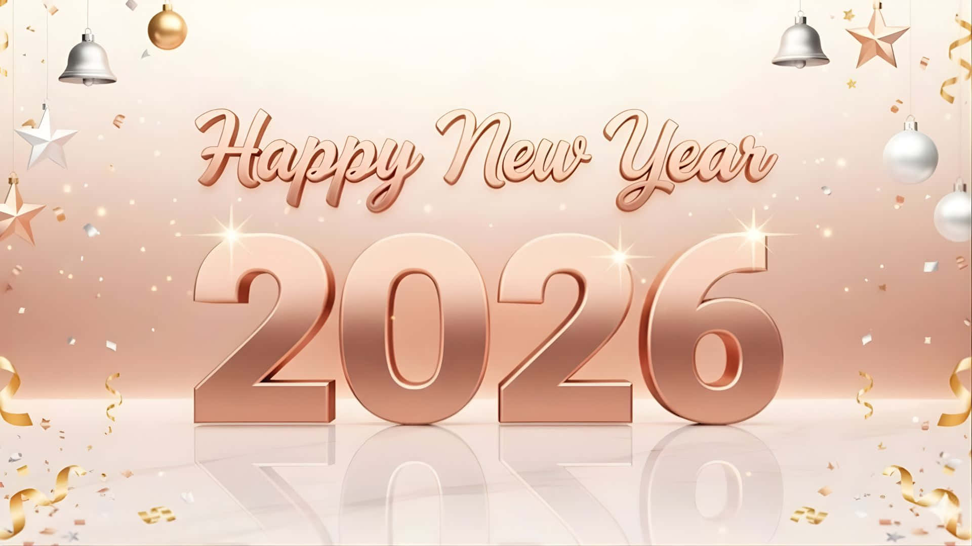 Happy New Year 2026, rose gold, confetti bells, Full HD Desktop Wallpaper