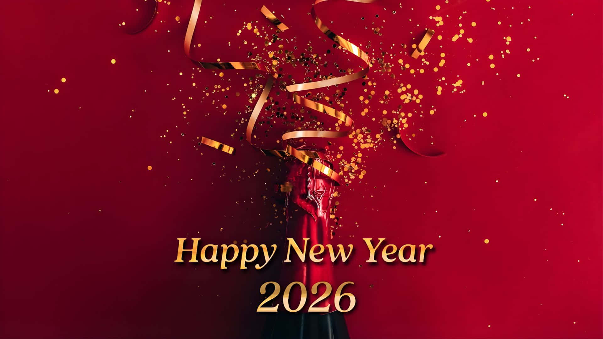 Happy New Year 2026, champagne bottle, golden confetti, Full HD Desktop Wallpaper