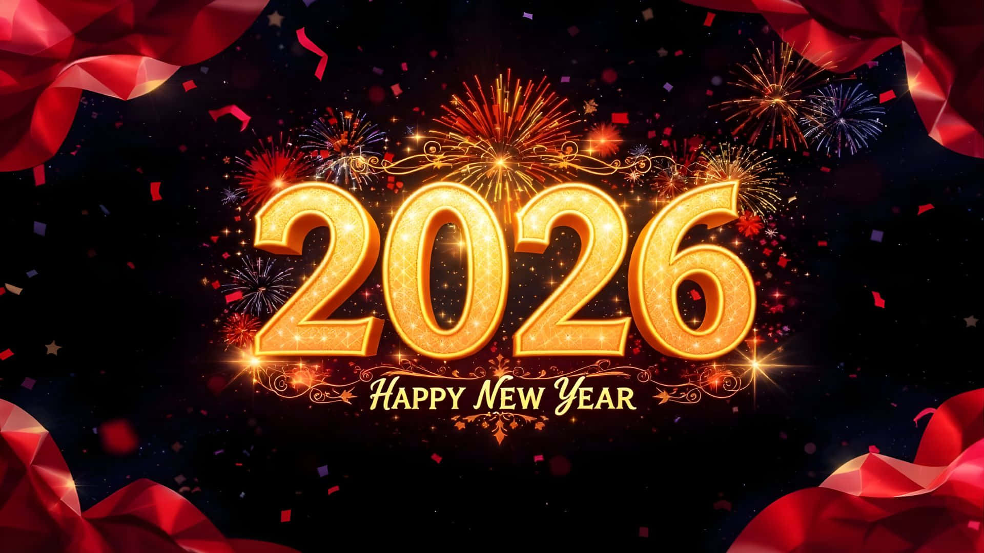 Happy New Year 2026, golden 2026 text, black sky, Full HD Desktop Wallpaper