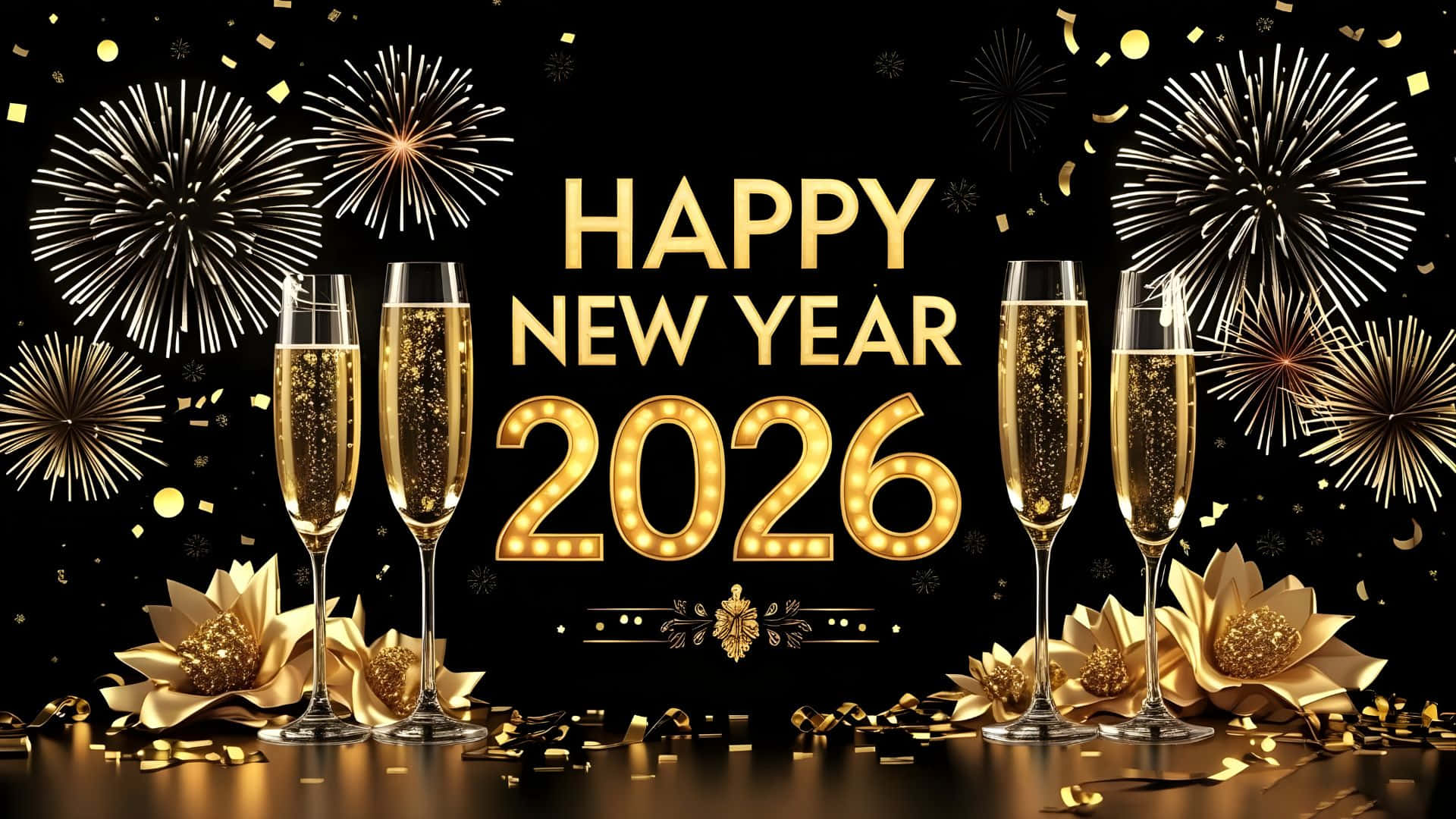 Happy New Year 2026, golden champagne flutes, fireworks, Full HD Desktop Wallpaper