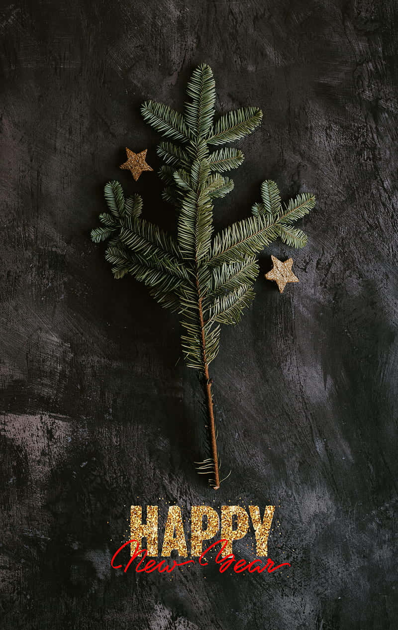 evergreen branch, gold stars, dark textured surface, SD Phone Wallpaper