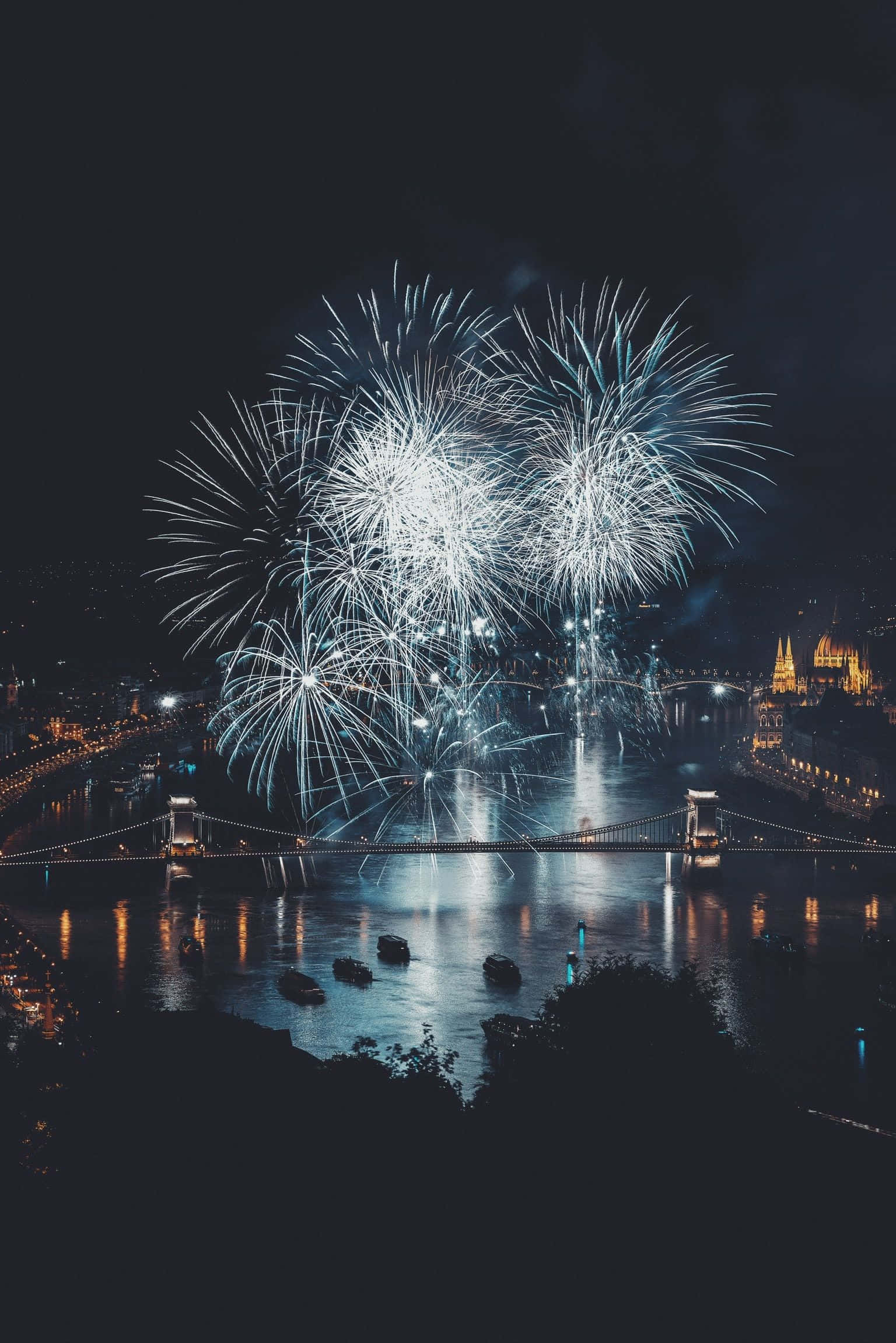 Happy New Year Phone, fireworks, dark river, Full HD Phone Wallpaper