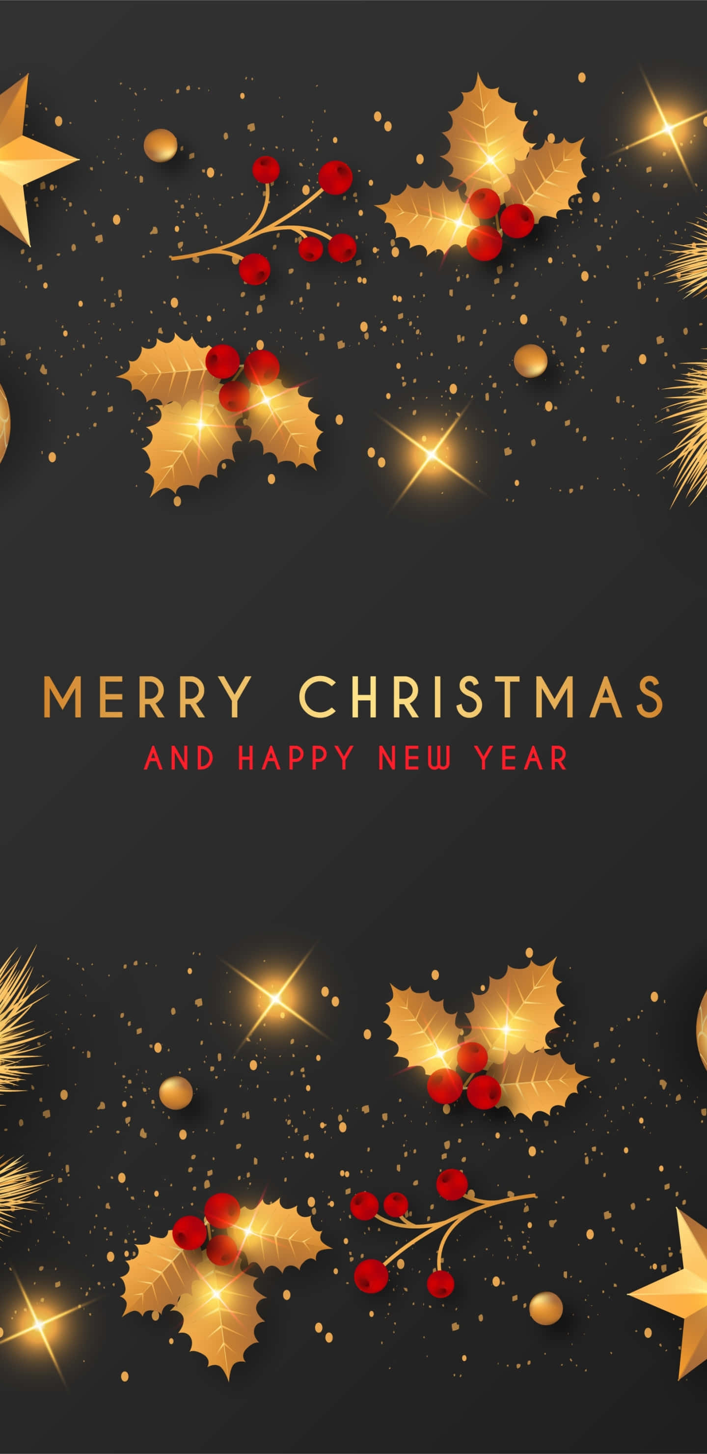 Happy New Year Phone, golden holly berries, stars, 2K Phone Wallpaper