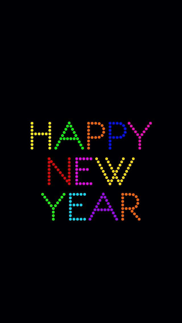 HAPPY NEW YEAR, rainbow dot-matrix text, black background, SD Phone Wallpaper