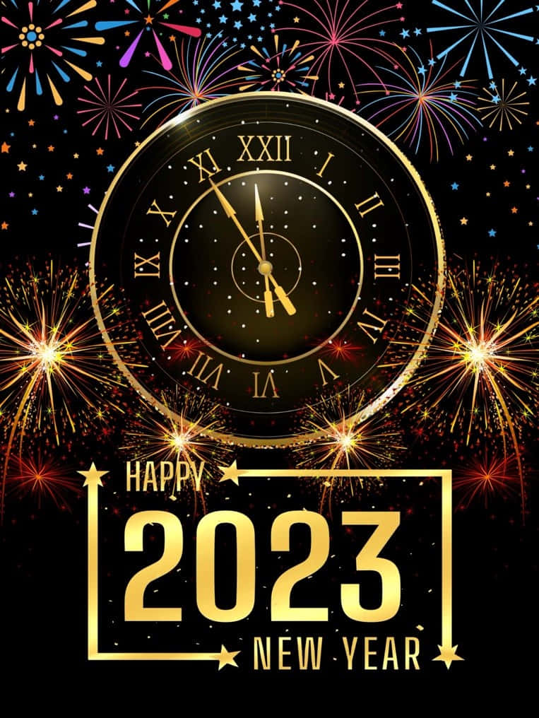 golden Roman numeral clock, midnight, colorful fireworks, SD Phone Wallpaper