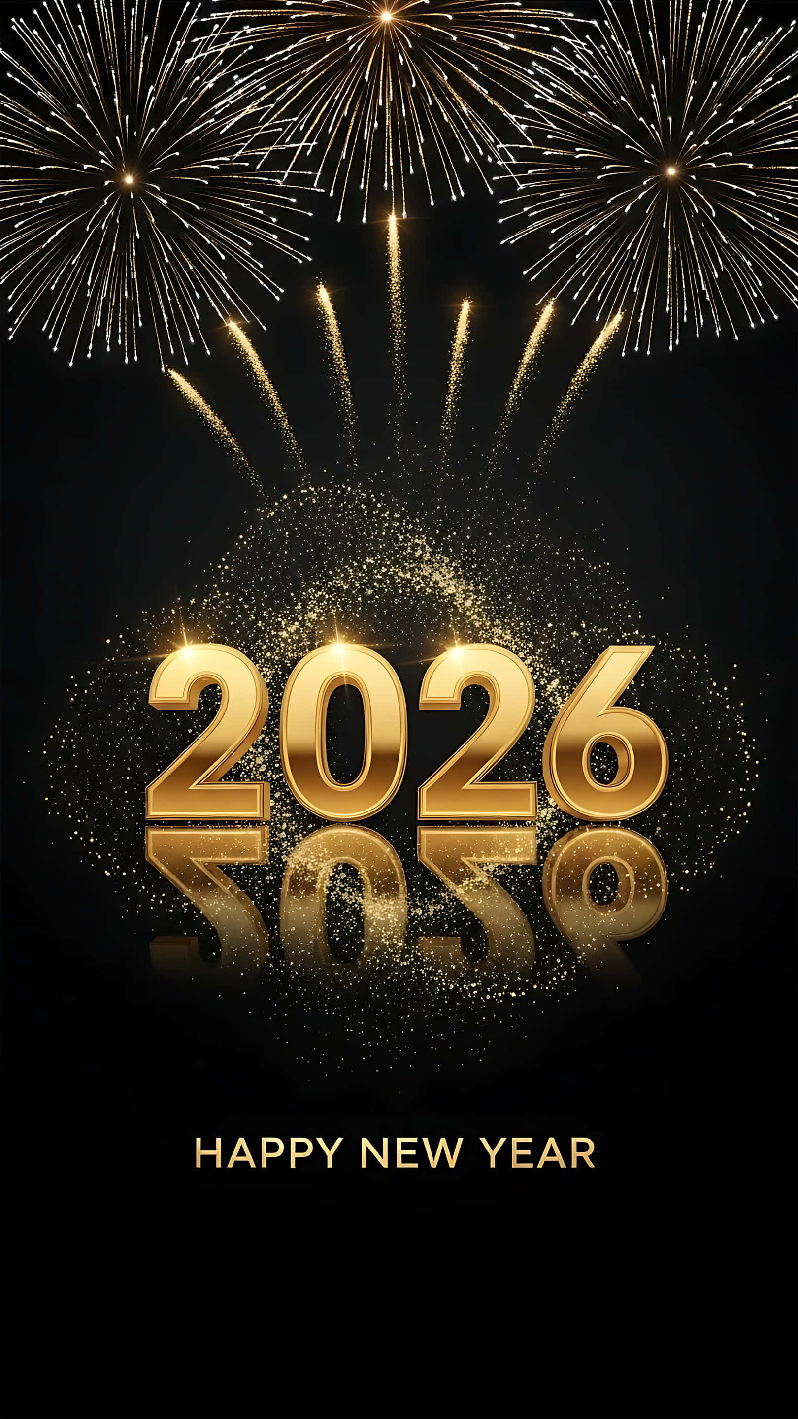 Golden New Year 2026, fireworks burst, black background, 2K Phone Wallpaper
