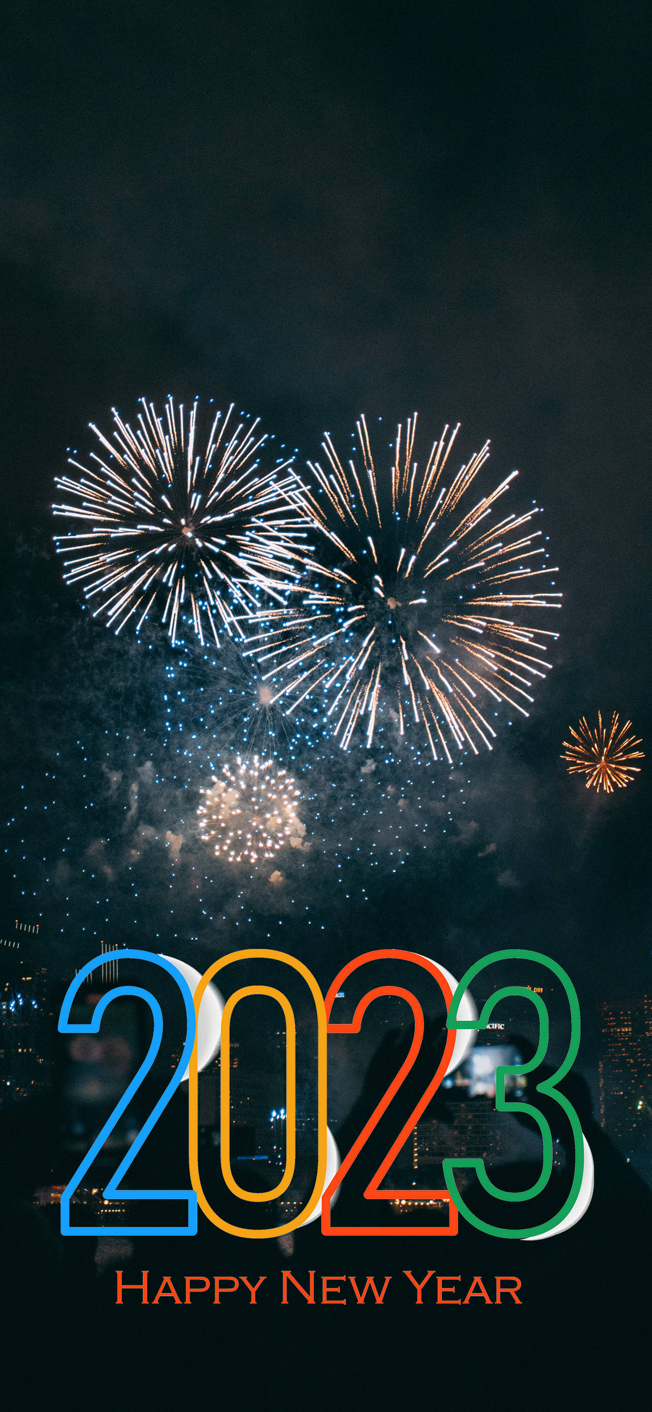 Happy New Year 2023, fireworks display, city skyline, 2K Phone Wallpaper