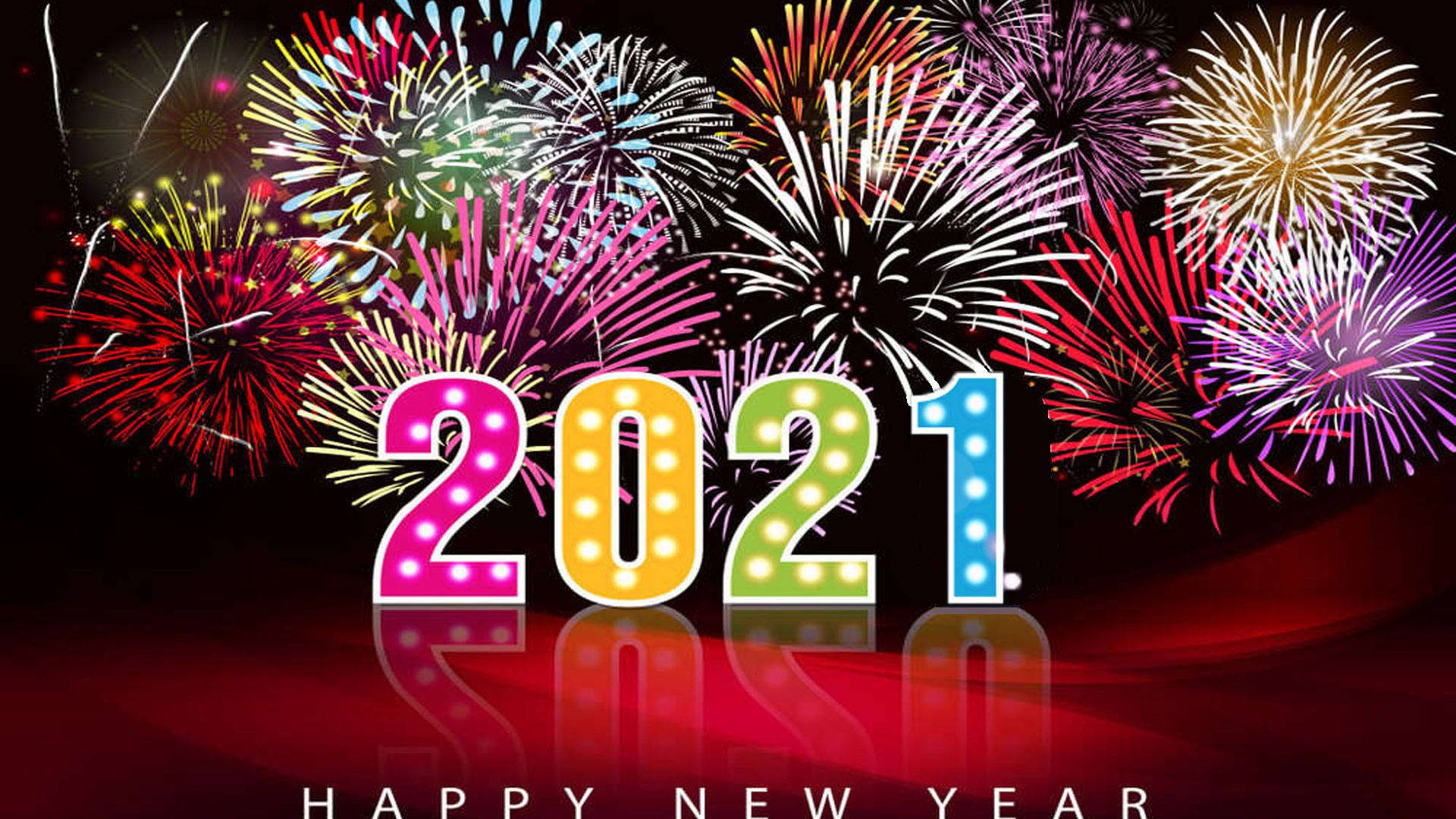 Happy New Year 2021, vibrant fireworks, glowing multicolored 2021 marquee lights, Full HD Desktop Wallpaper