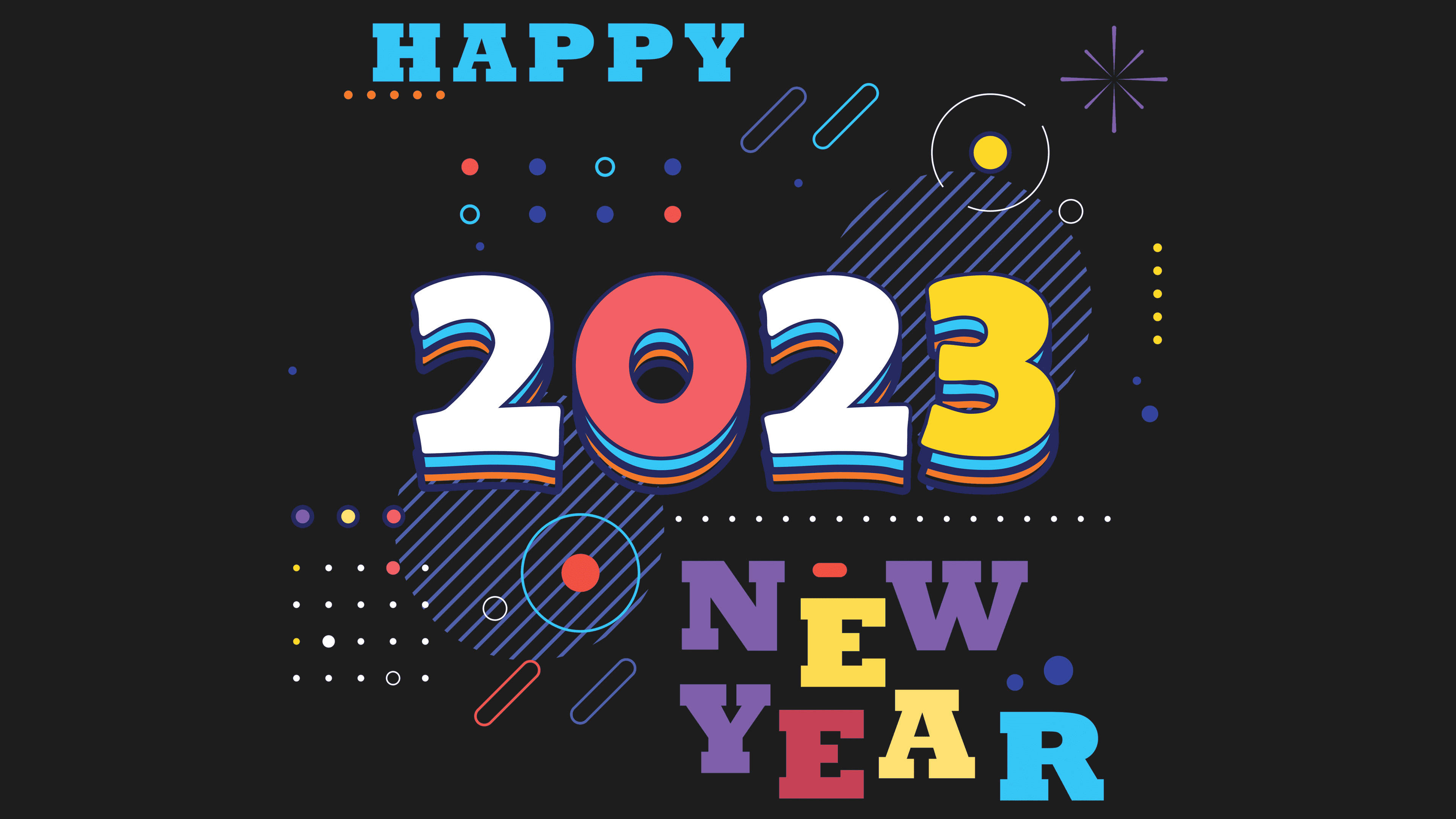 Colorful Happy New Year 2023, bold colorful typography, geometric shapes, 4K Desktop Wallpaper