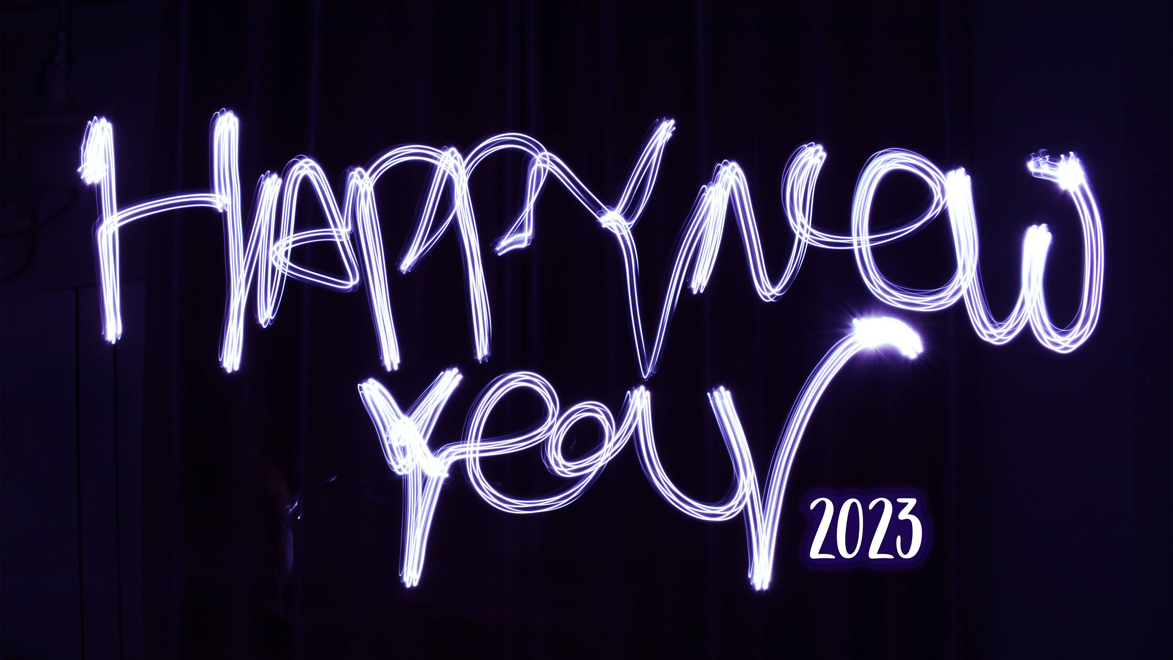 Happy New Year 2023, neon lights, glowing white light-painted, 4K Desktop Wallpaper